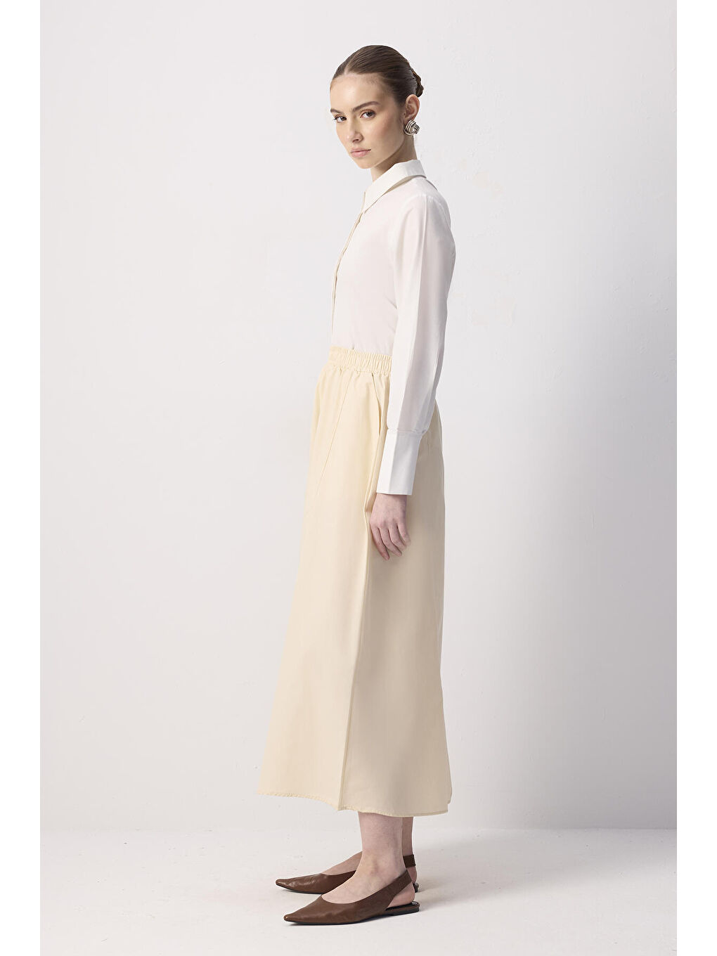 Bej Beli Büzgülü Dokuma Etek-2