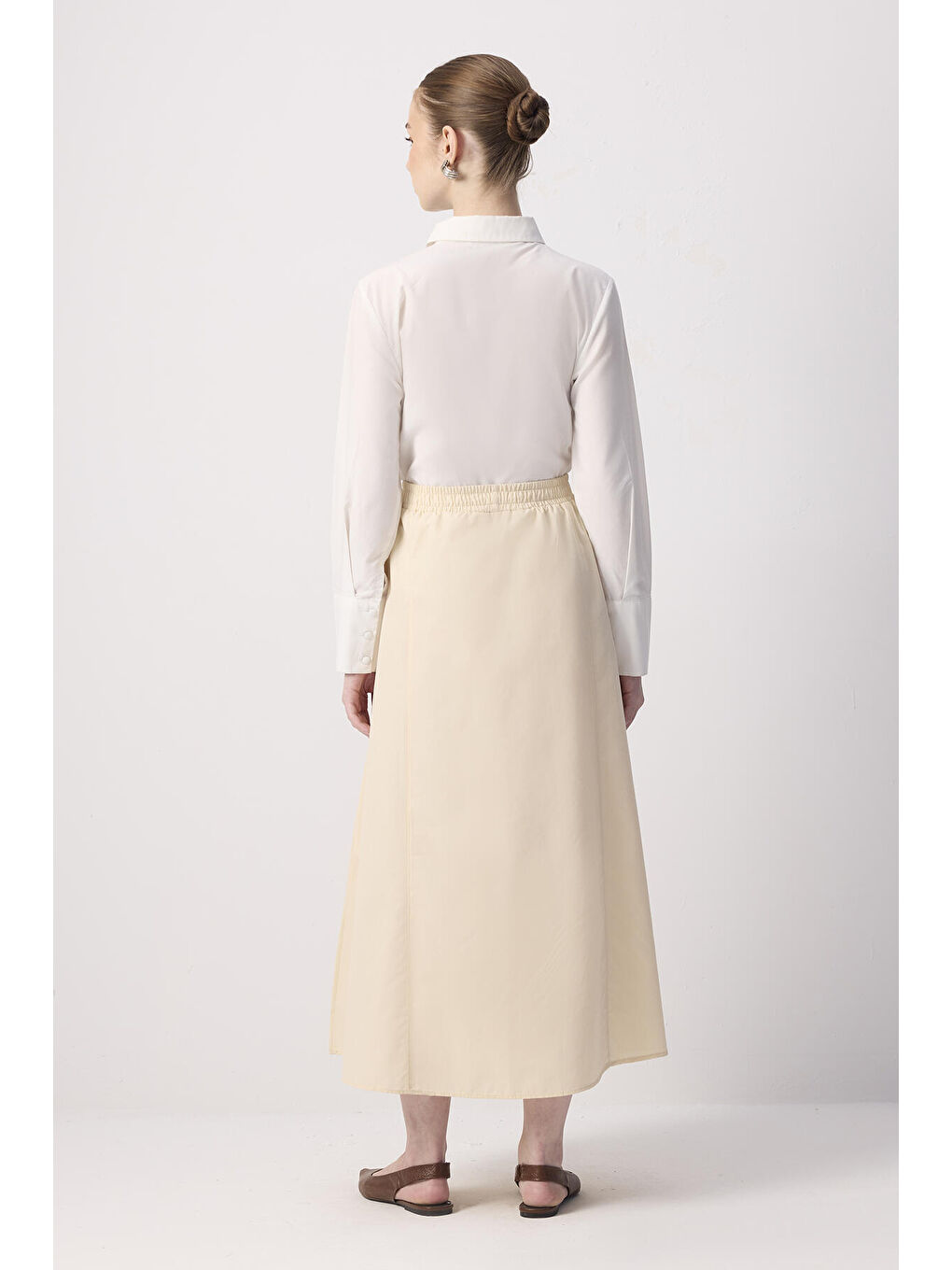 Bej Beli Büzgülü Dokuma Etek-3