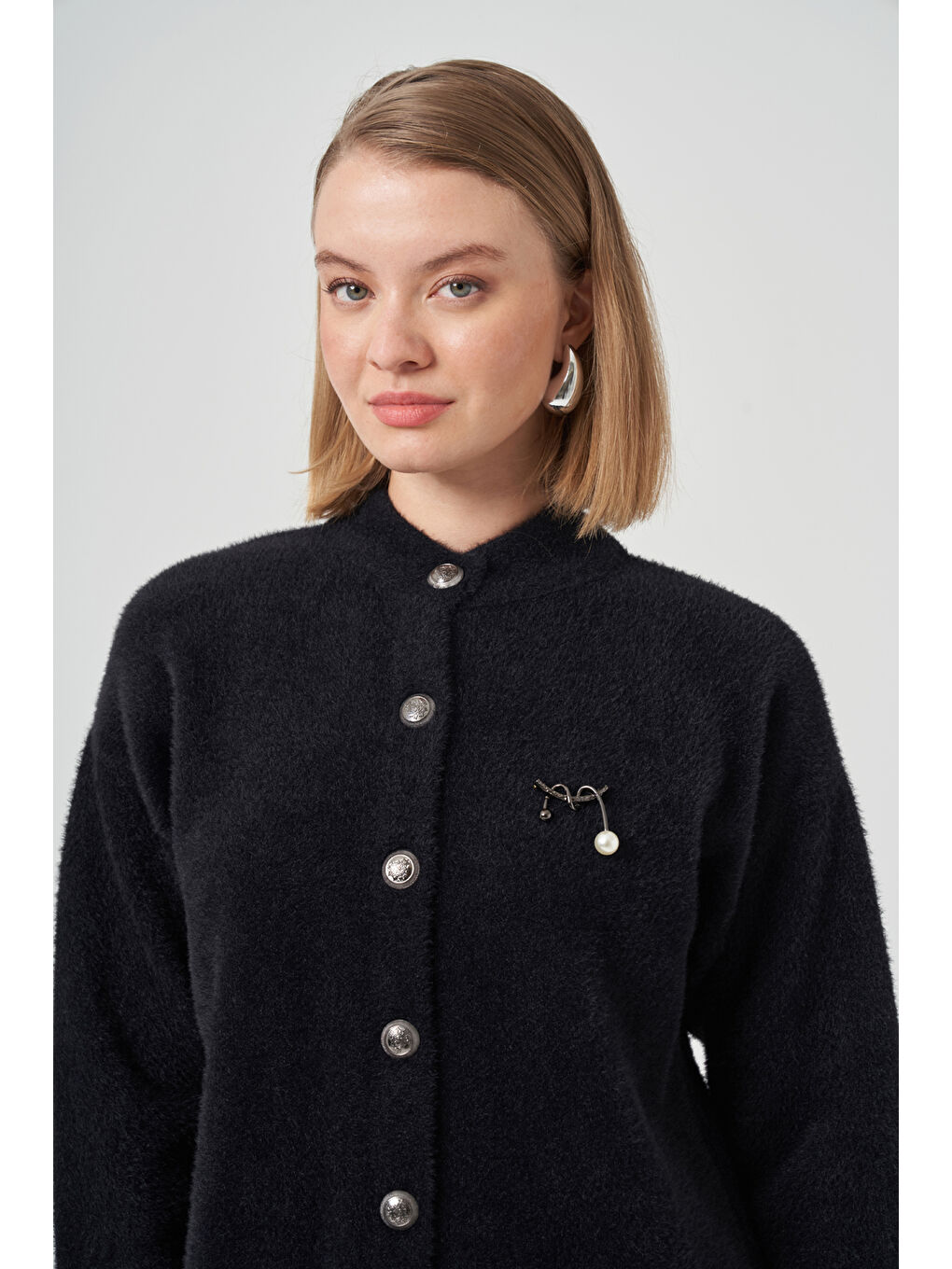 Düğme Detay Angora Hırka 7005 Siyah-1