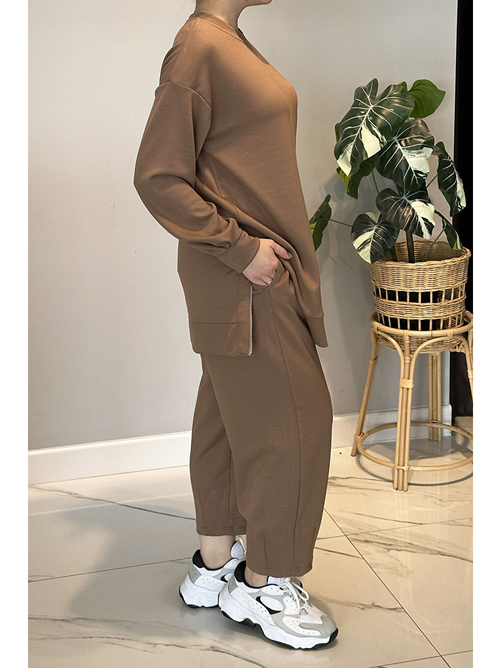 Kahverengi Yanları Fermuar Detay Penye Takım 2034 Latte-4