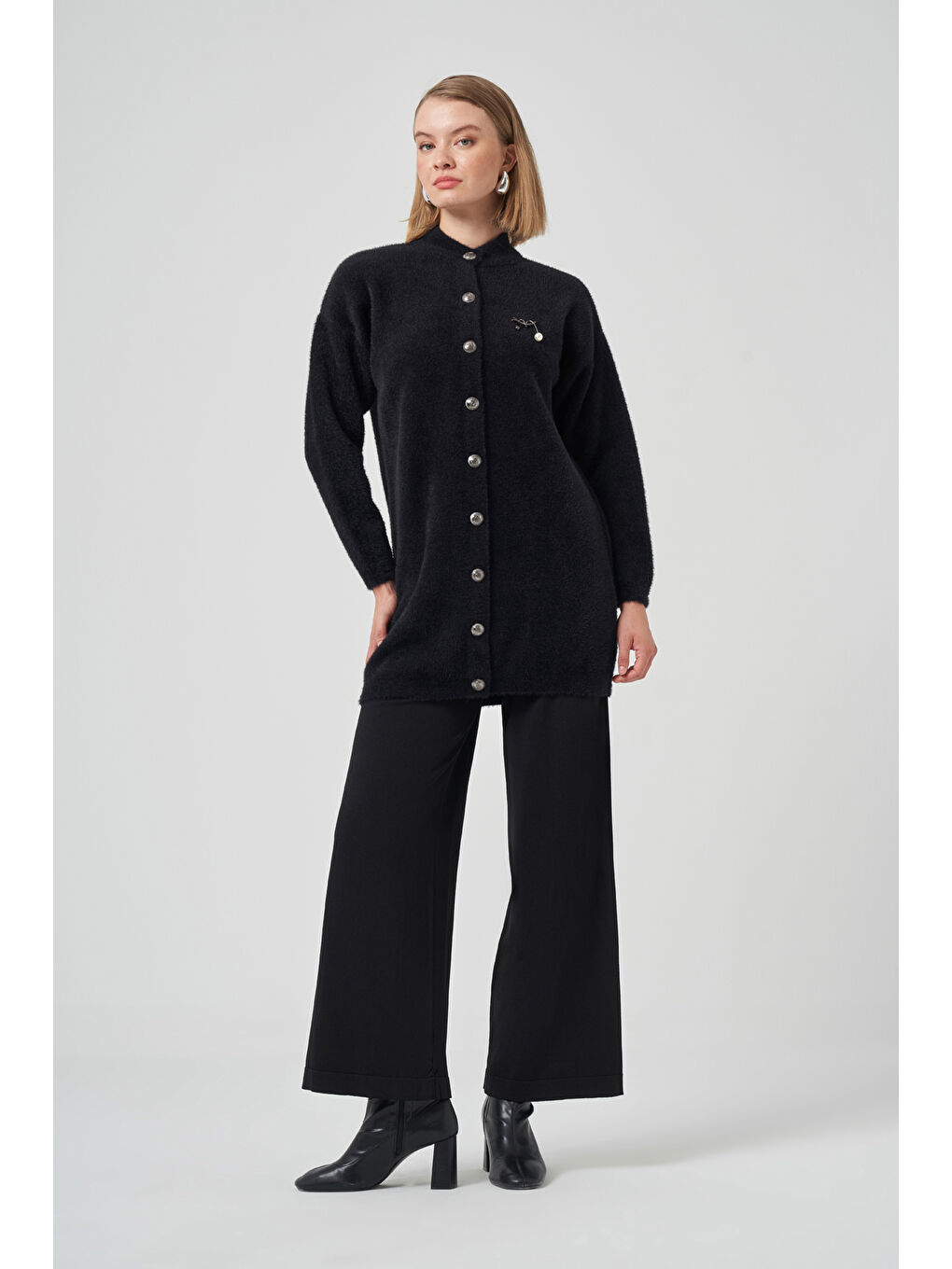 Düğme Detay Angora Hırka 7005 Siyah-2