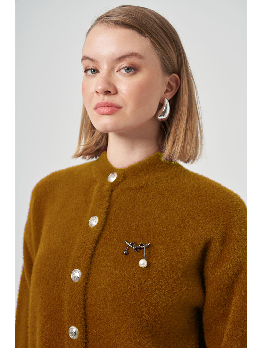 Kahverengi Düğme Detay Angora Hırka 7005 Tarçın-2