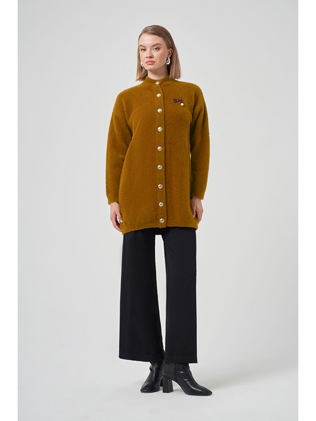 Kahverengi Düğme Detay Angora Hırka 7005 Tarçın-3