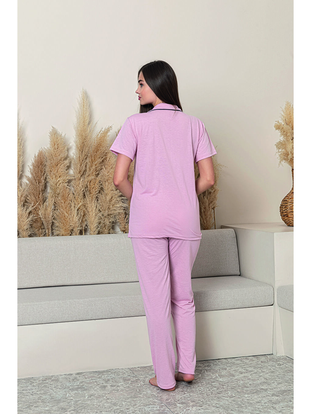 Pembe Kadın %100 Pamuk Biyeli Yüksek Kaliteli Gömlek Yaka Düğmeli Kısa Kollu Pijama Takımı-1