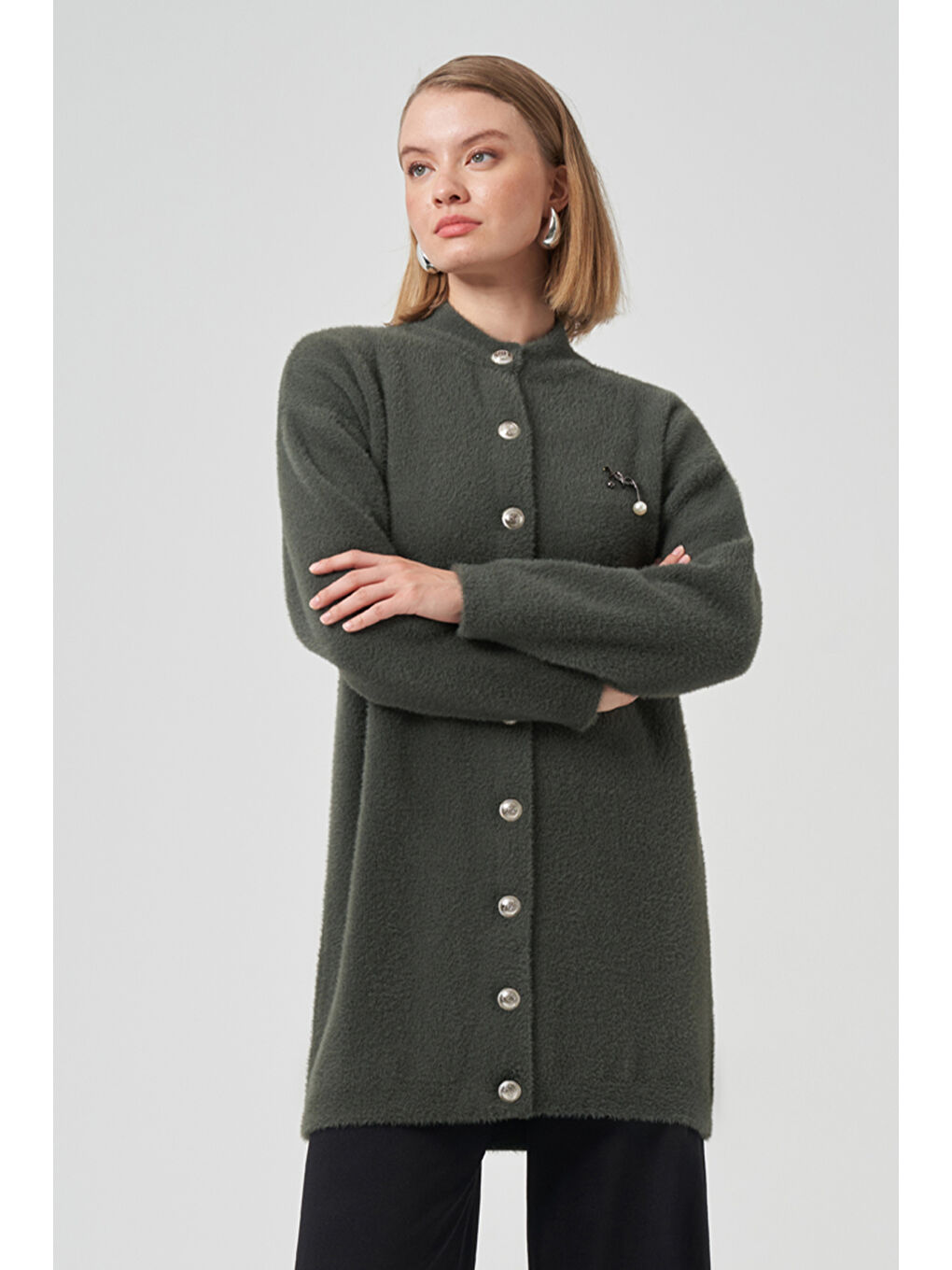 Gri Düğme Detay Angora Hırka 7005 Füme