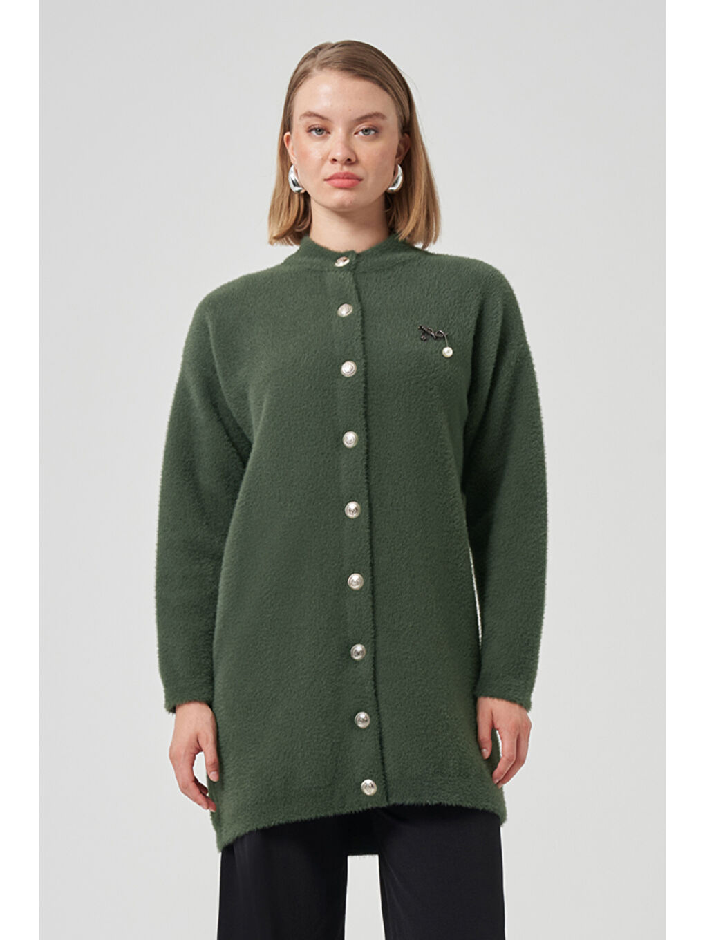 Düğme Detay Angora Hırka 7005 Haki