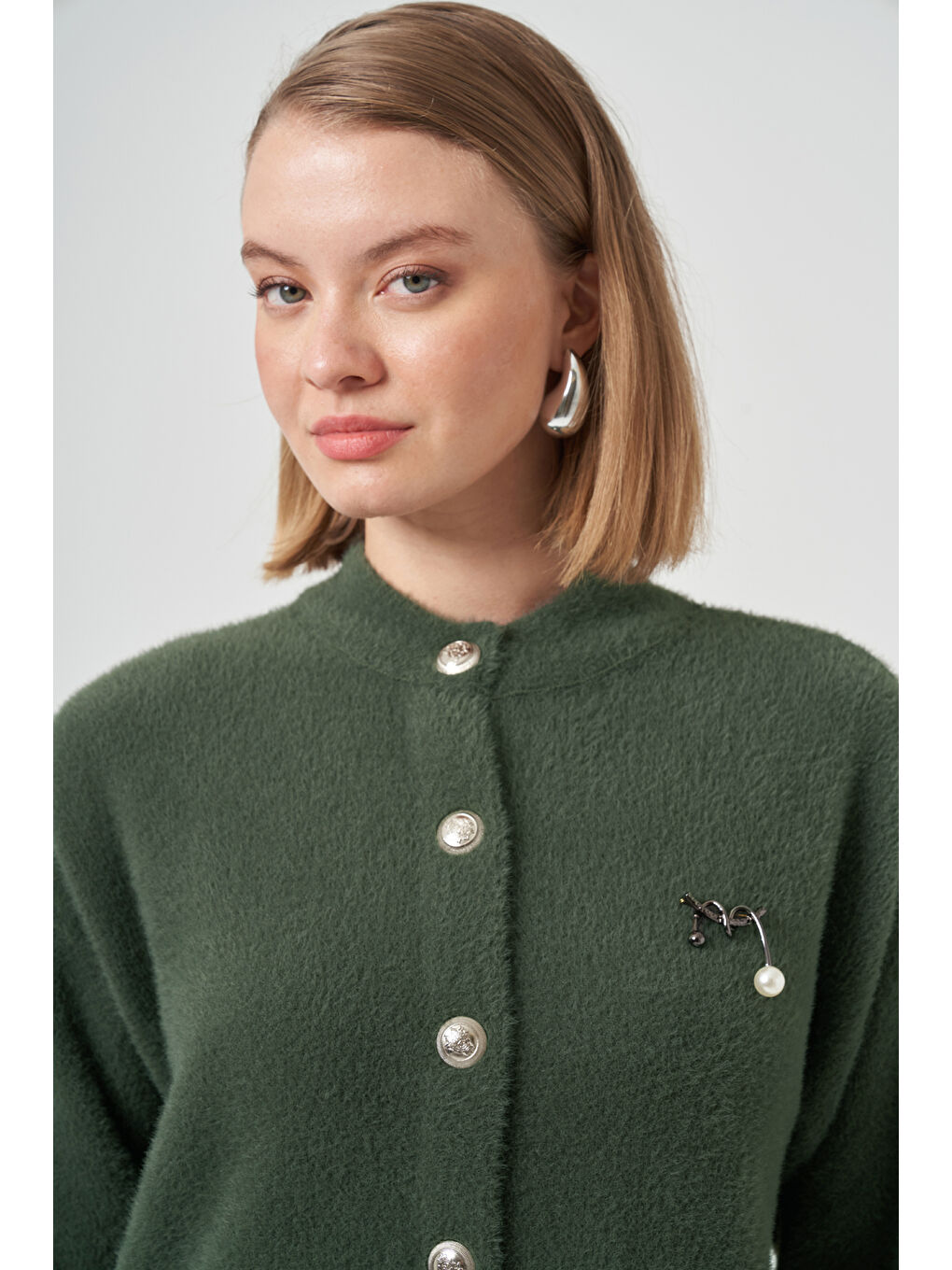 Düğme Detay Angora Hırka 7005 Haki-1