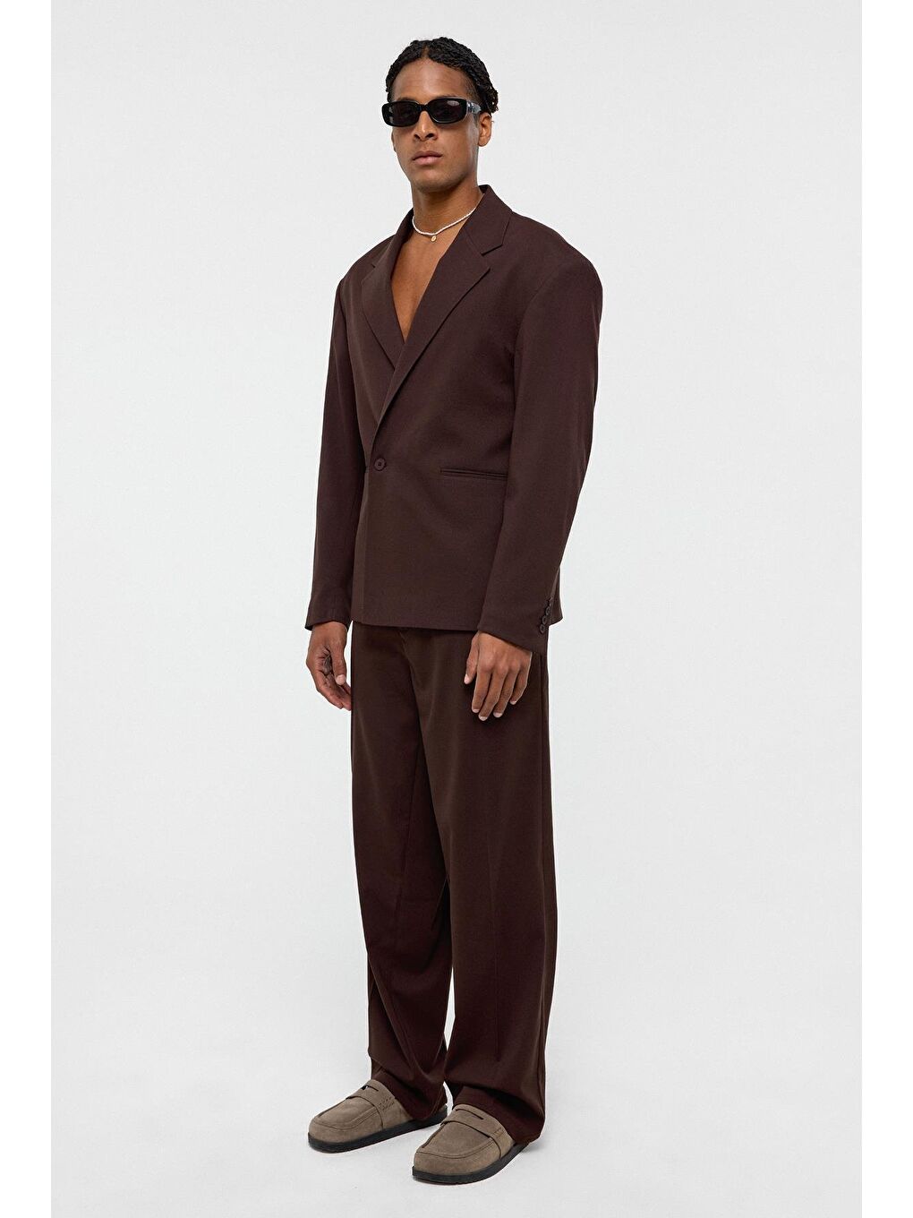 Kahverengi Tek Düğme Oversize Takım Elbise Kahve-1