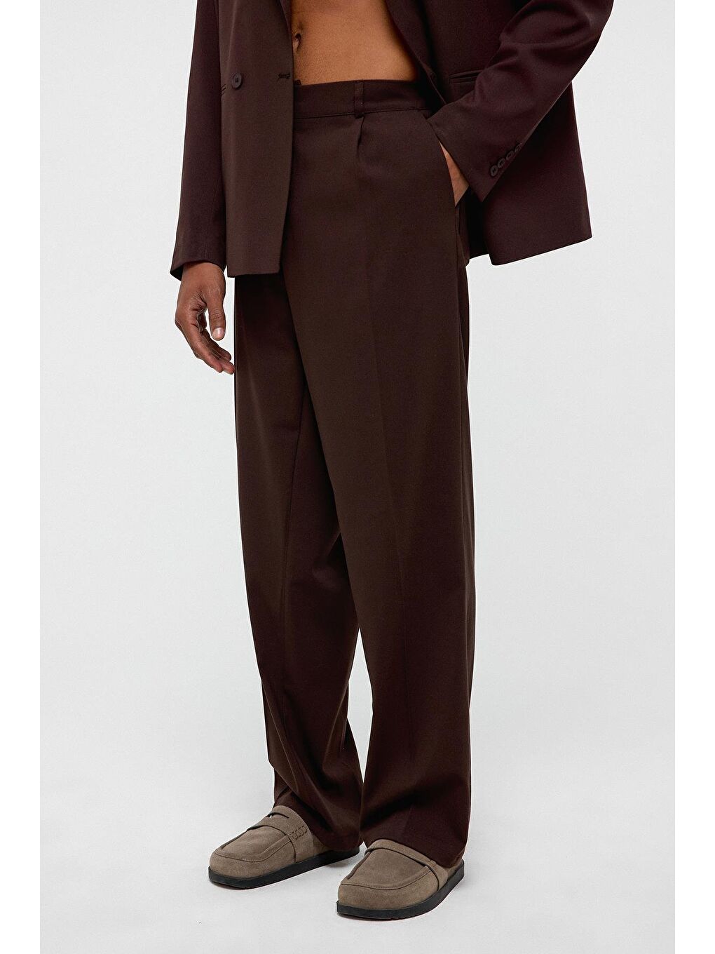 Kahverengi Tek Düğme Oversize Takım Elbise Kahve-4