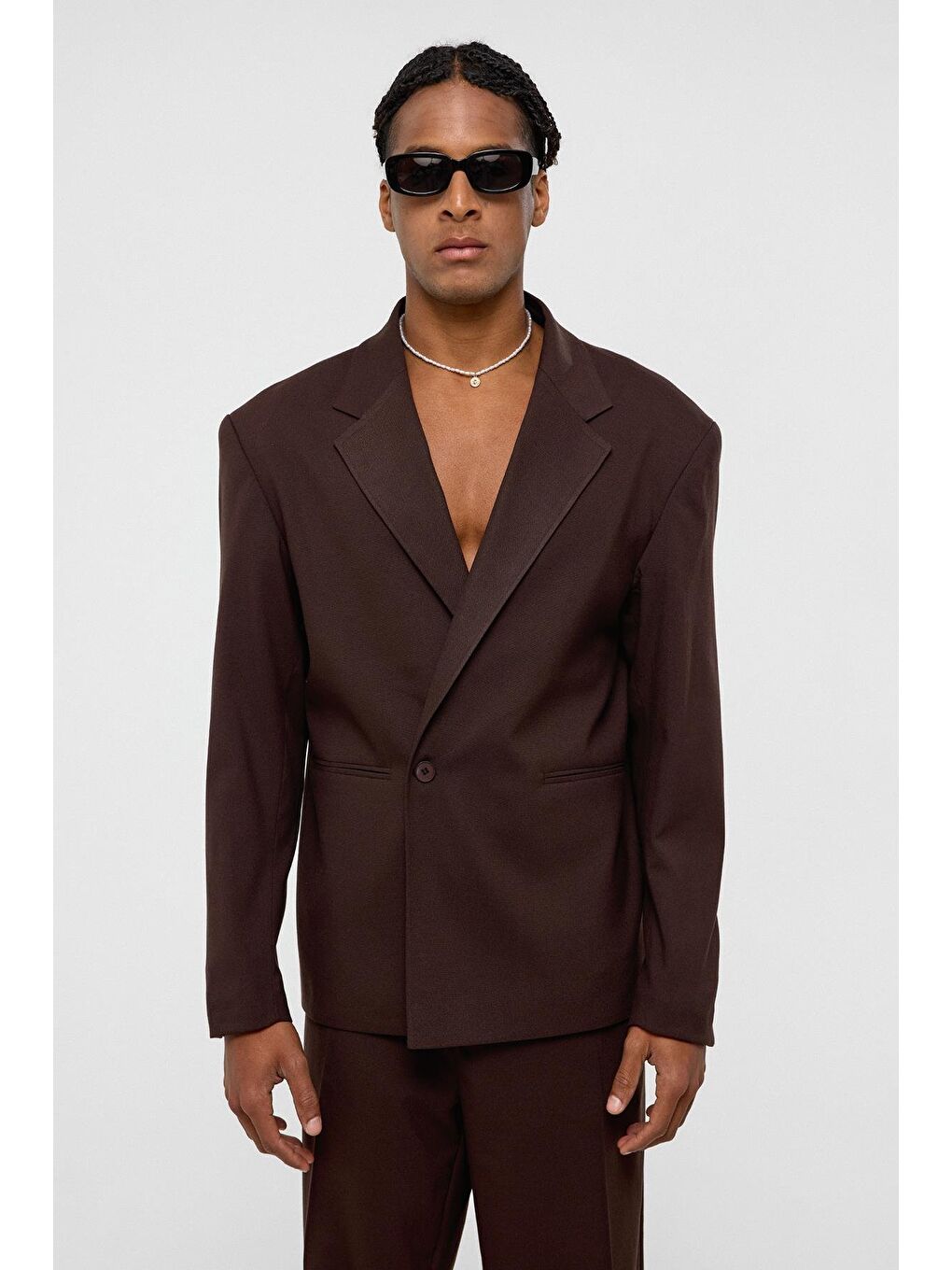 Kahverengi Tek Düğme Oversize Takım Elbise Kahve-5