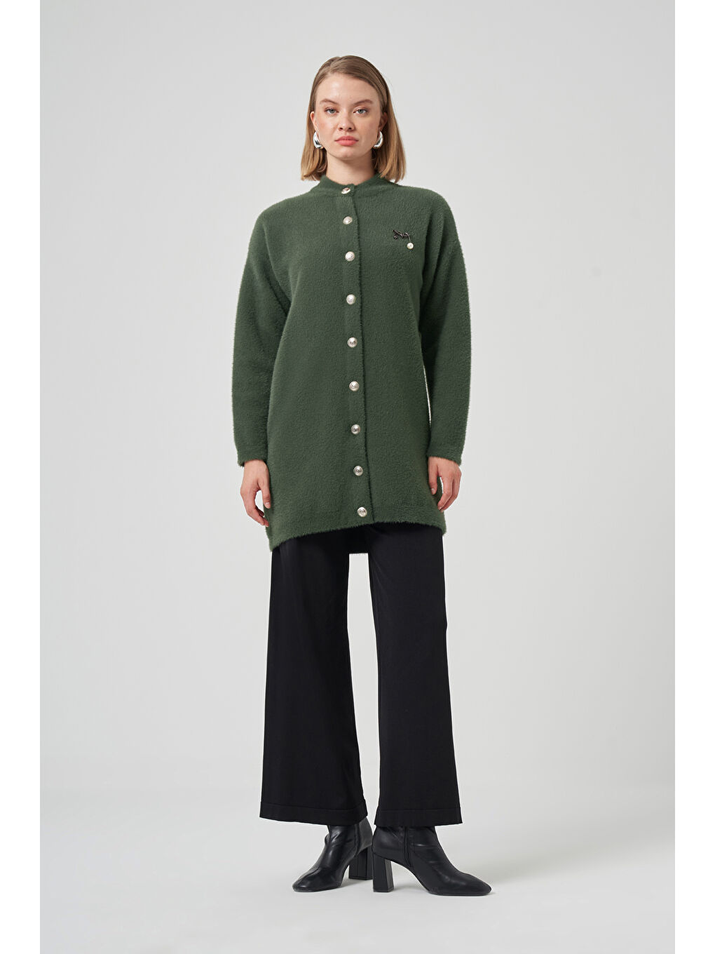 Düğme Detay Angora Hırka 7005 Haki-3