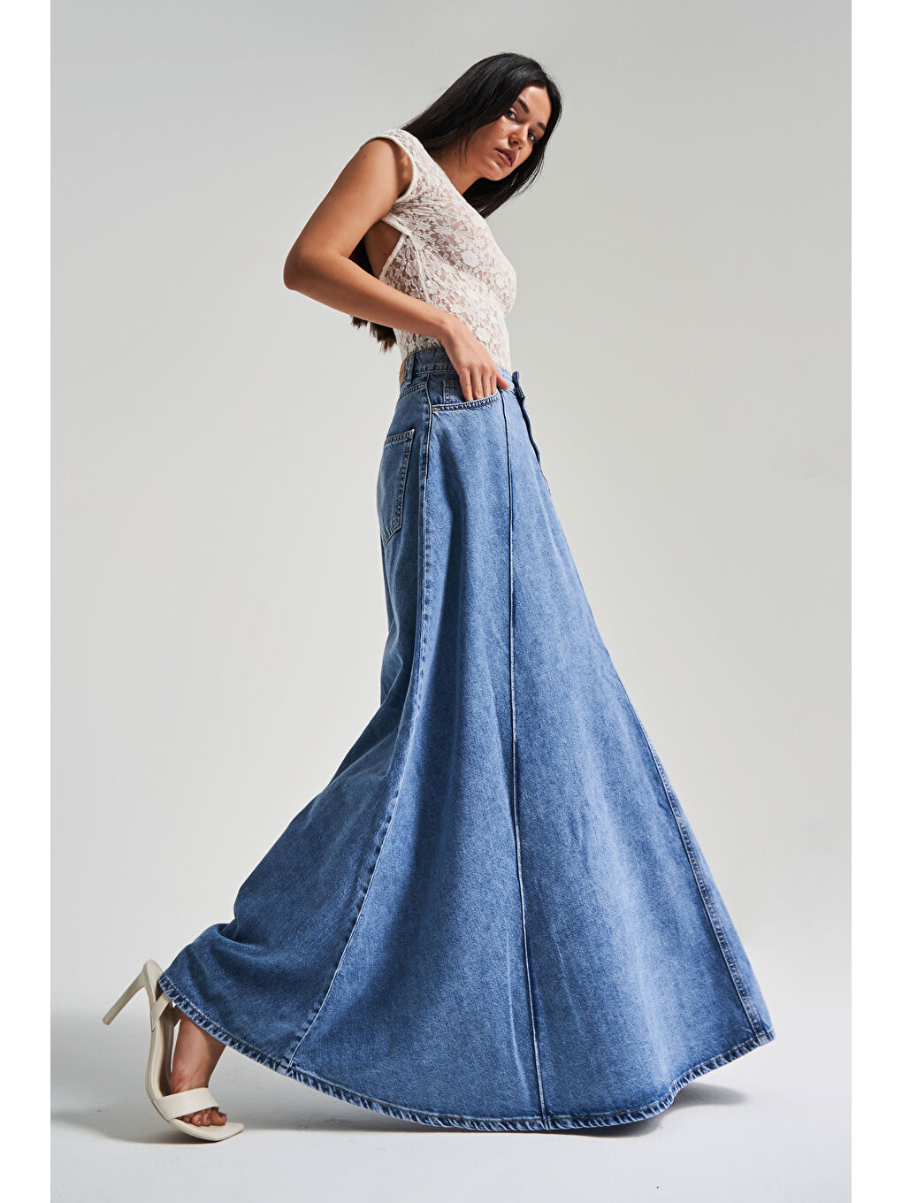 Kadın Mavi Renk 1s5-4 Maxi Boy 103cm A Tipi Çan Kesim %100 Pamuk Süper Uzun Denim Etek