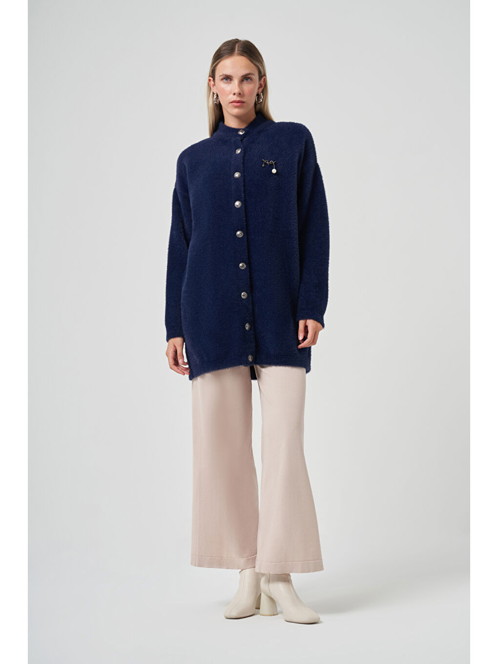 Düğme Detay Angora Hırka 7005 Lacivert-1