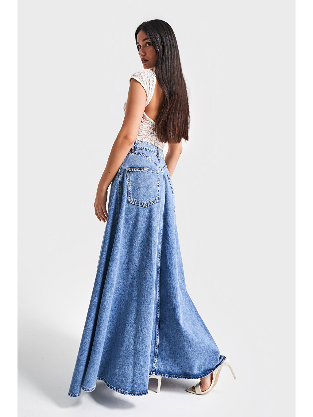 Kadın Mavi Renk 1s5-4 Maxi Boy 103cm A Tipi Çan Kesim %100 Pamuk Süper Uzun Denim Etek-1