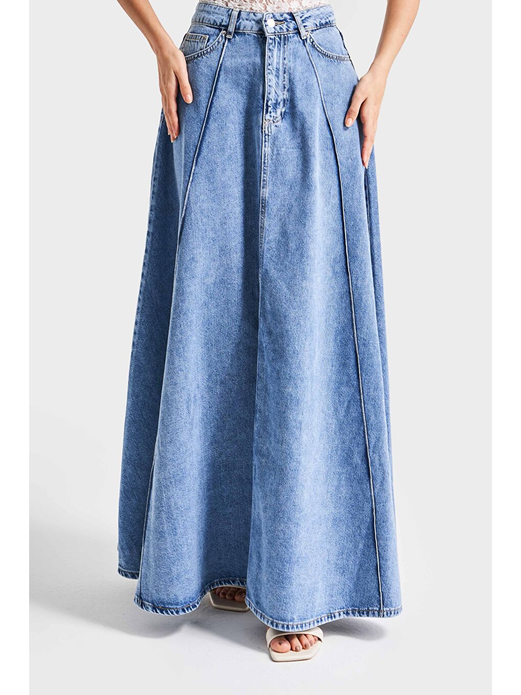 Kadın Mavi Renk 1s5-4 Maxi Boy 103cm A Tipi Çan Kesim %100 Pamuk Süper Uzun Denim Etek-2