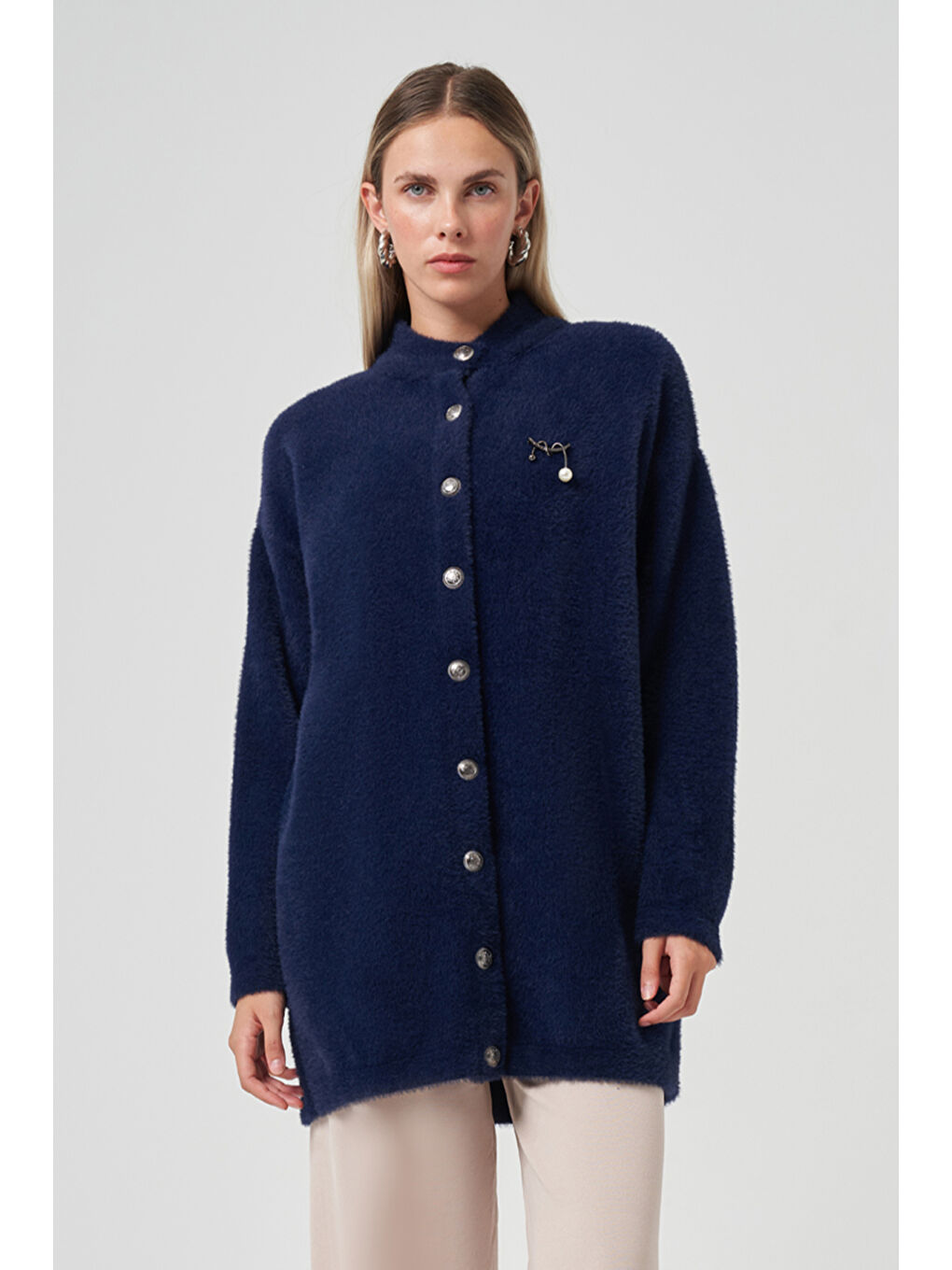 Düğme Detay Angora Hırka 7005 Lacivert-3