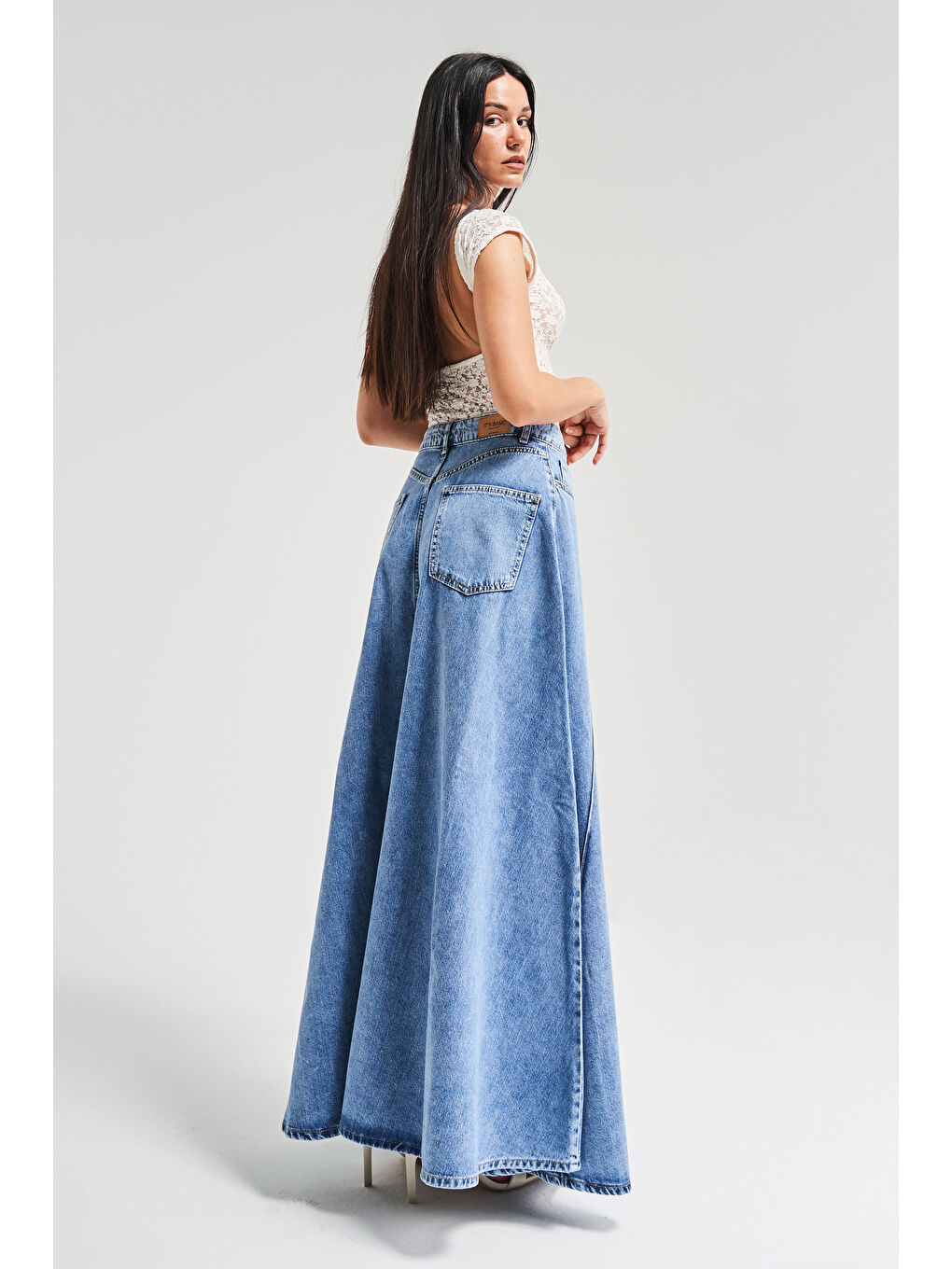 Kadın Mavi Renk 1s5-4 Maxi Boy 103cm A Tipi Çan Kesim %100 Pamuk Süper Uzun Denim Etek-3