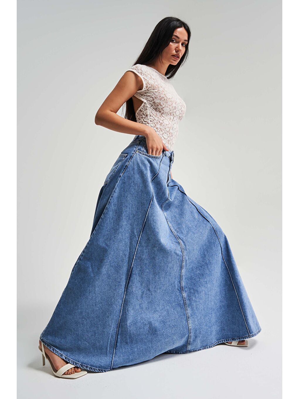 Kadın Mavi Renk 1s5-4 Maxi Boy 103cm A Tipi Çan Kesim %100 Pamuk Süper Uzun Denim Etek-4