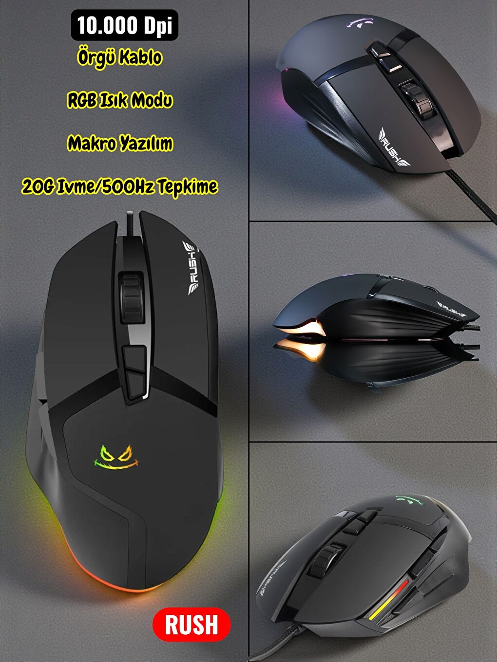 Rush Poison RM82 10000 Dpı RGB 7d Gaminf Oyuncu Mouse