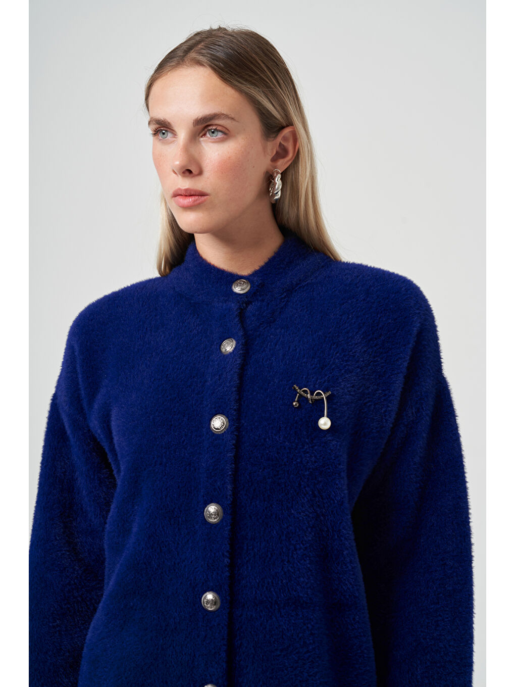 Mavi Düğme Detay Angora Hırka 7005 Saks-1