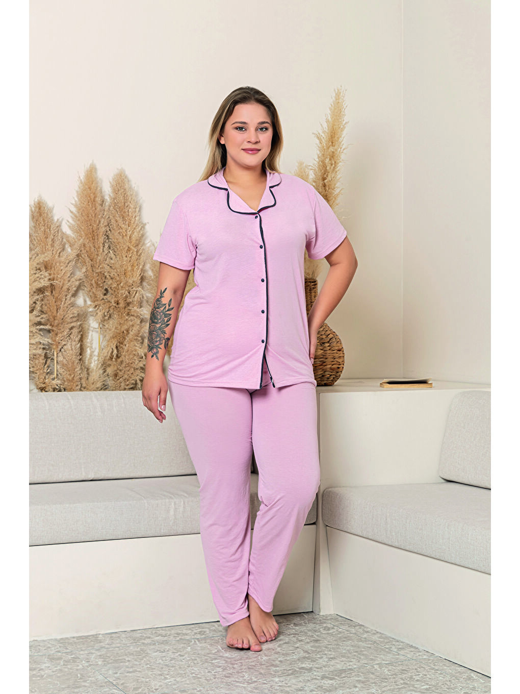 Pembe Kadın %100 Pamuk Biyeli Yüksek Kaliteli Gömlek Yaka Düğmeli Kısa Kollu Battal Pijama Takımı-2