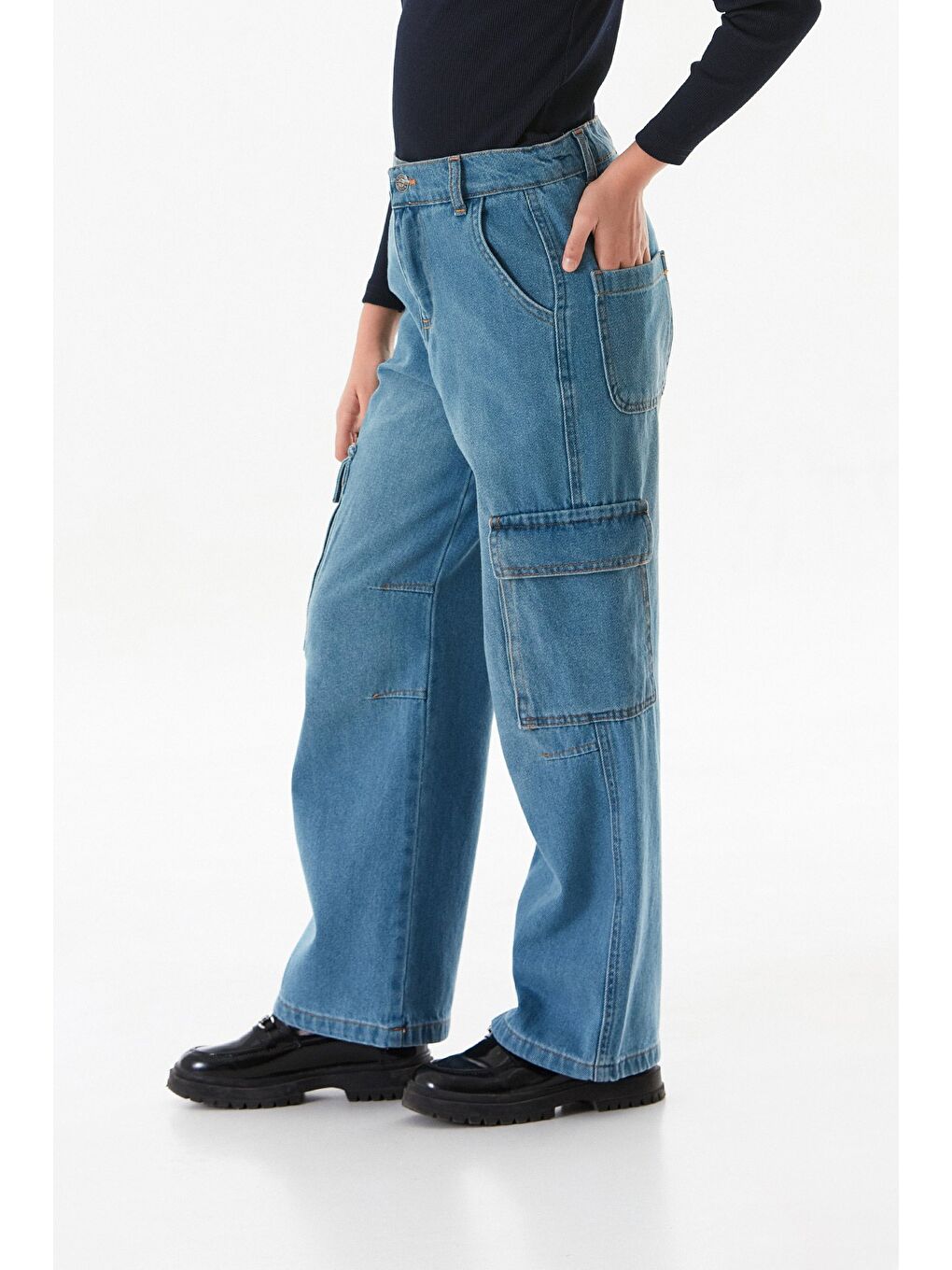 Mavi %100 Pamuk Kargo Cepli Kız Çocuk Pantolon-2