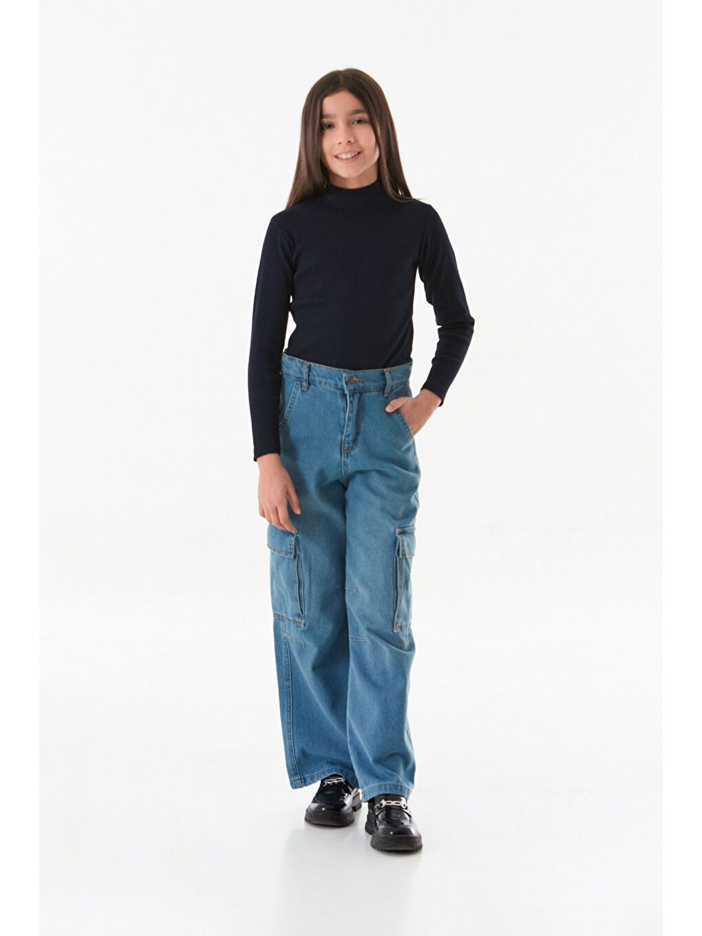 Mavi %100 Pamuk Kargo Cepli Kız Çocuk Pantolon-4