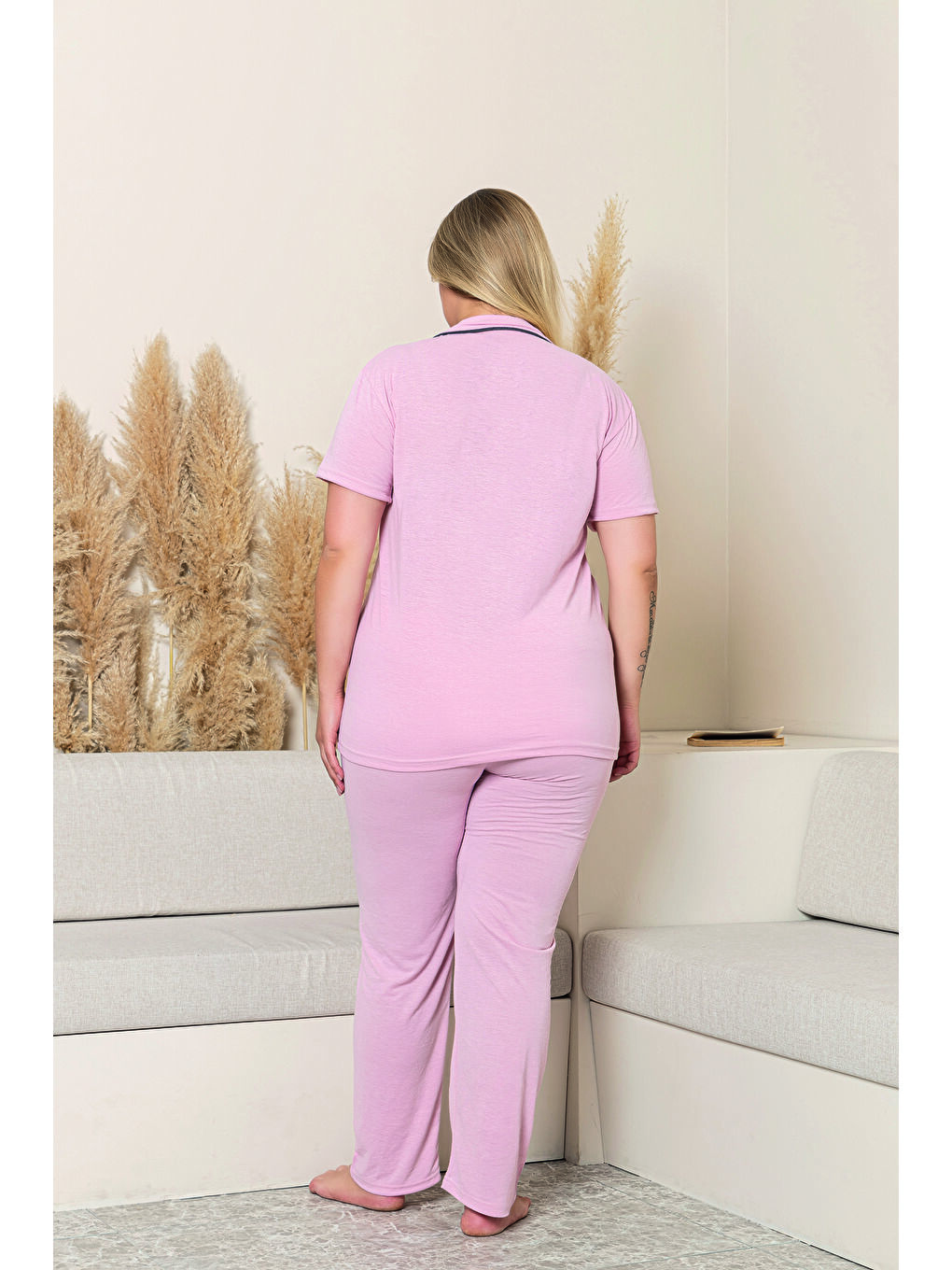 Pembe Kadın %100 Pamuk Biyeli Yüksek Kaliteli Gömlek Yaka Düğmeli Kısa Kollu Battal Pijama Takımı-3