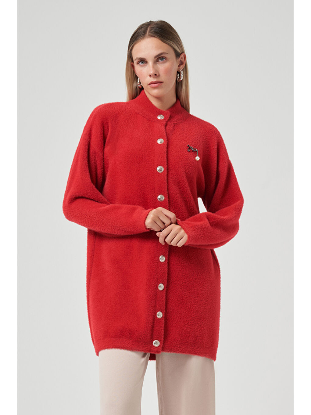 Düğme Detay Angora Hırka 7005 Kırmızı