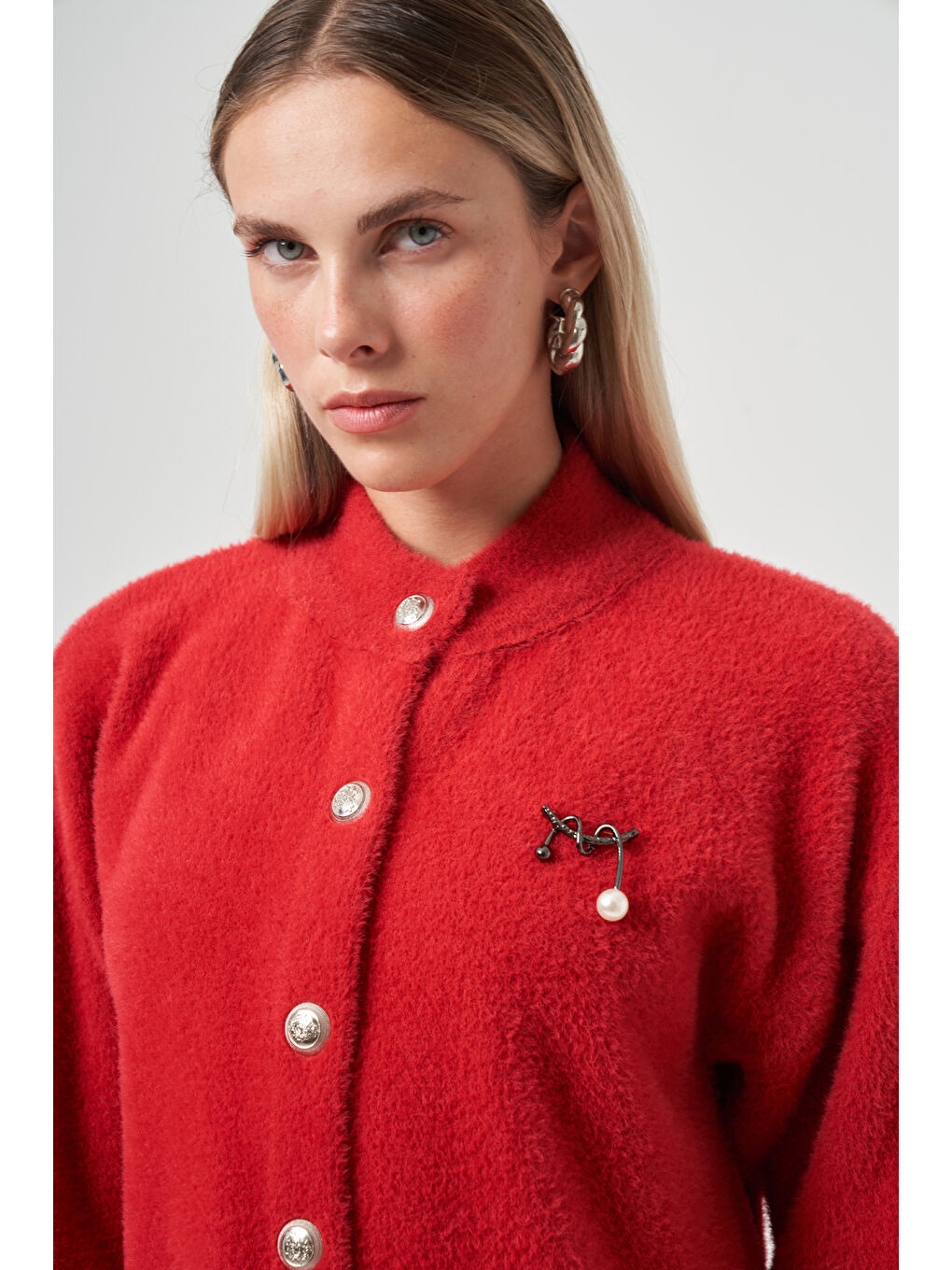 Düğme Detay Angora Hırka 7005 Kırmızı-1