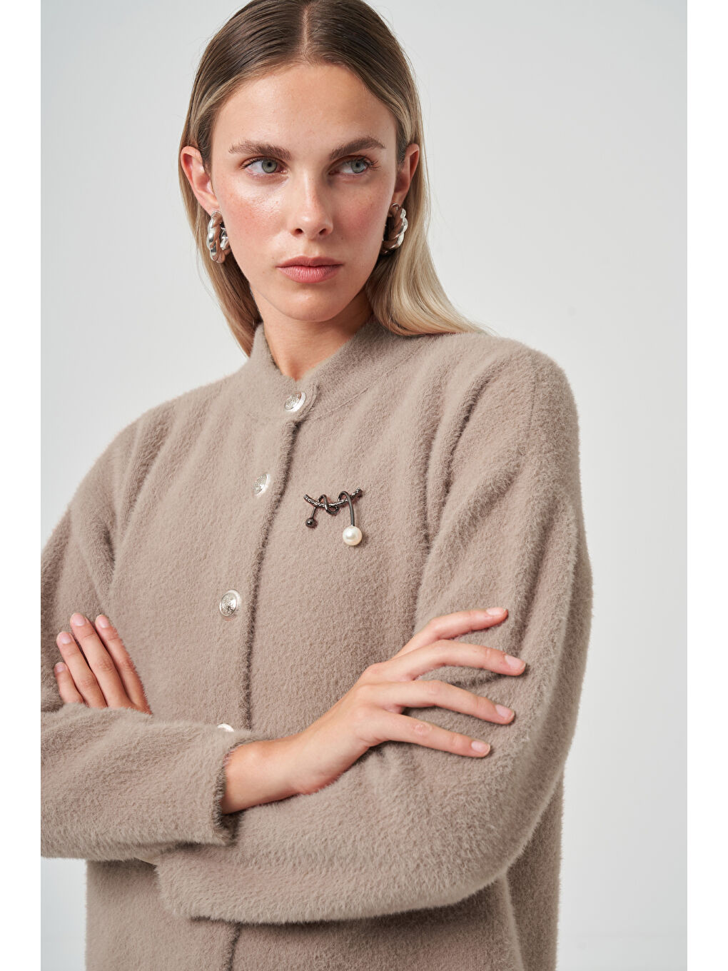 Bej Düğme Detay Angora Hırka 7005 Vizon-2