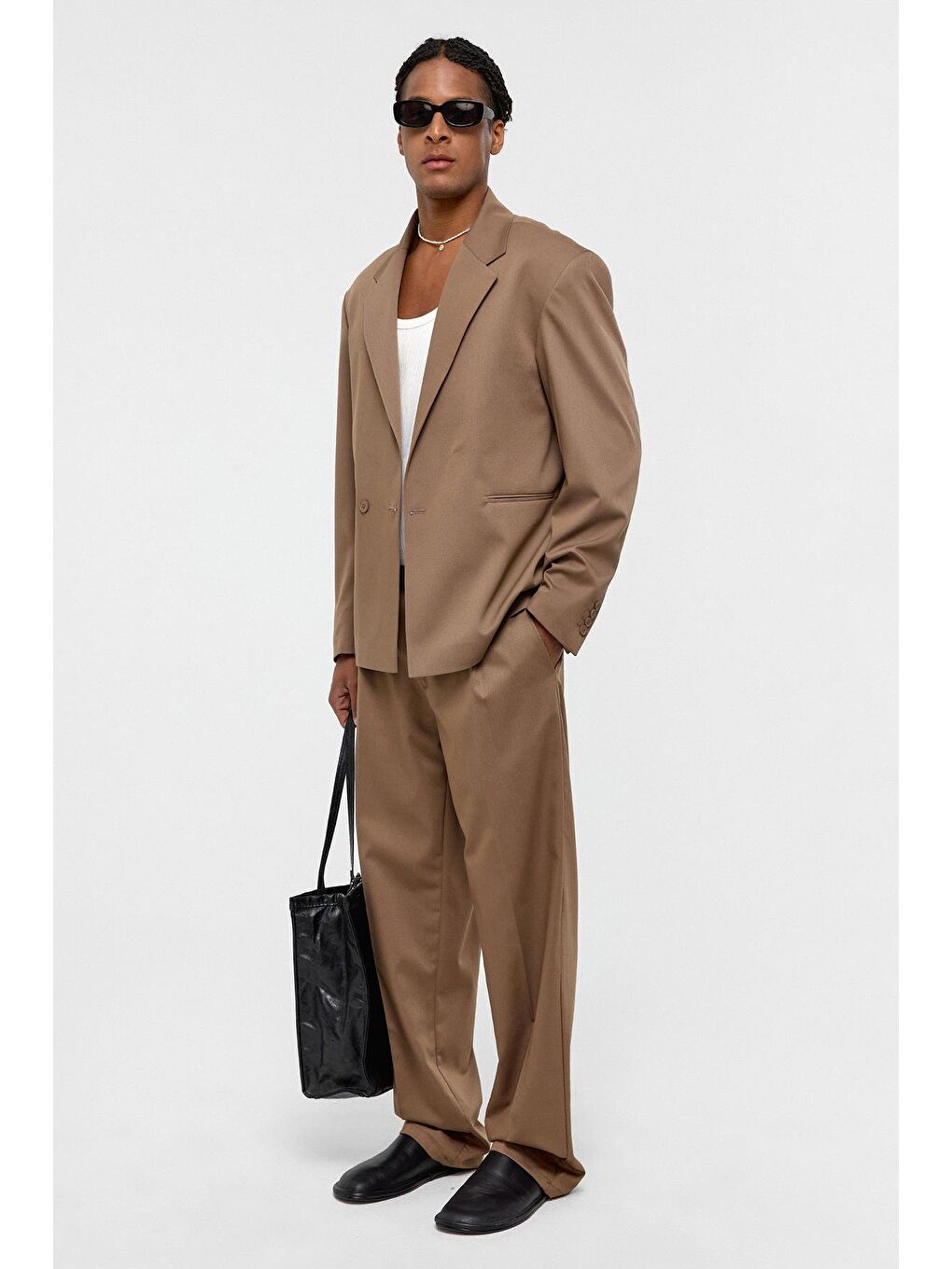 Bej Tek Düğme Oversize Takım Elbise Vizon