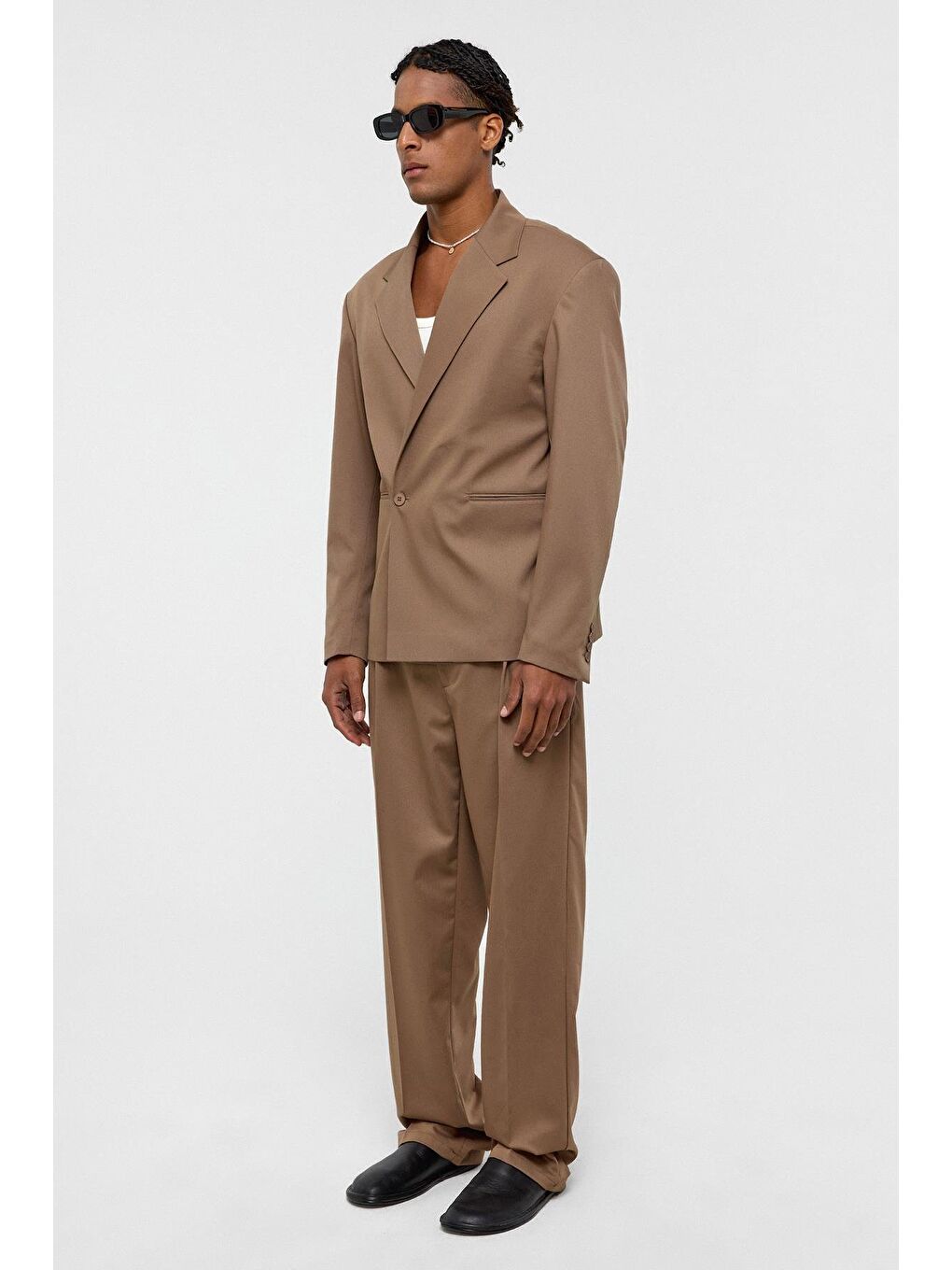 Bej Tek Düğme Oversize Takım Elbise Vizon-2