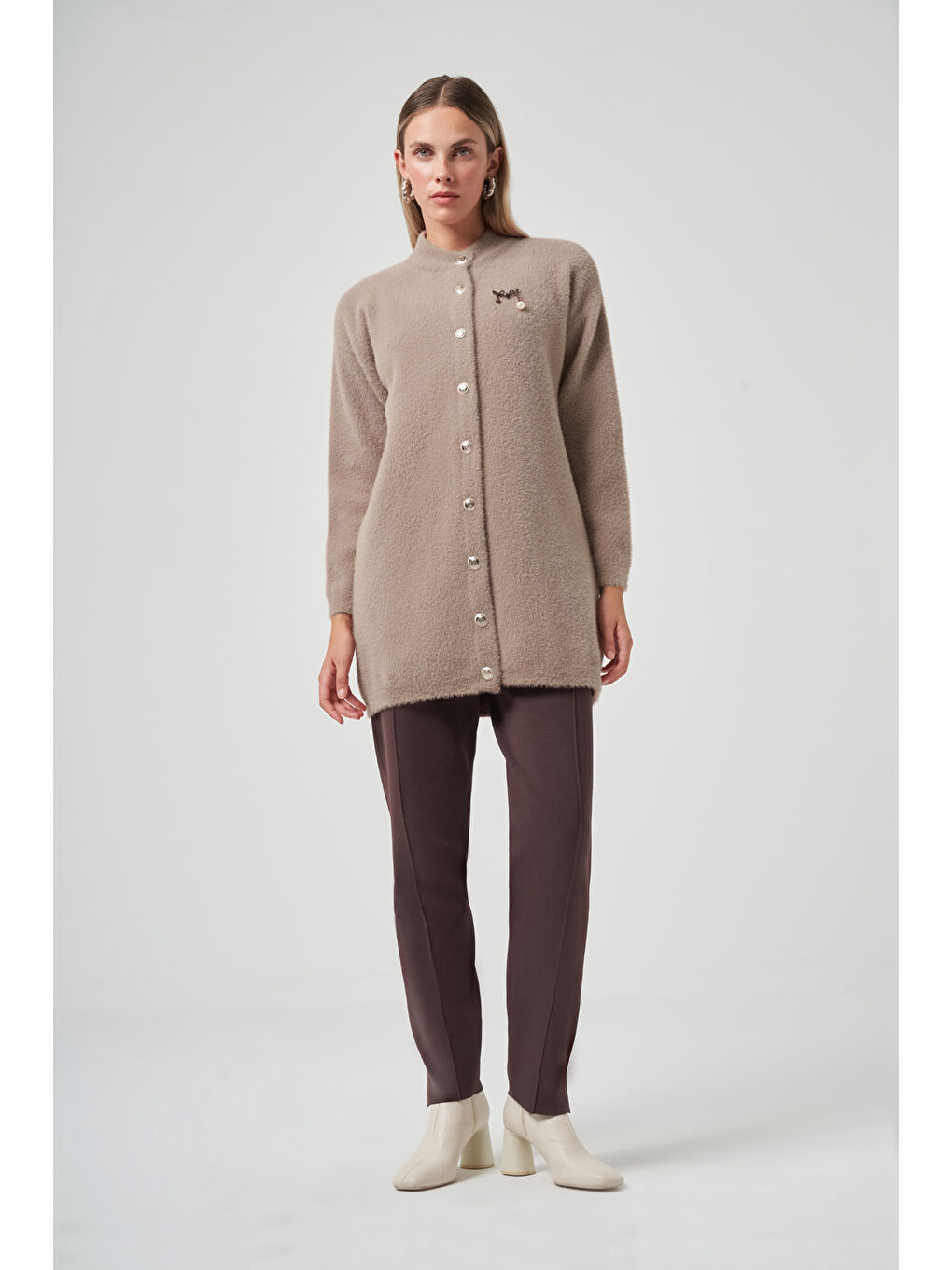Bej Düğme Detay Angora Hırka 7005 Vizon-4