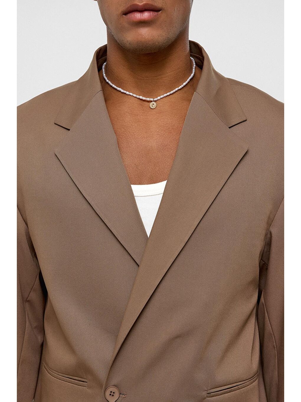 Bej Tek Düğme Oversize Takım Elbise Vizon-6