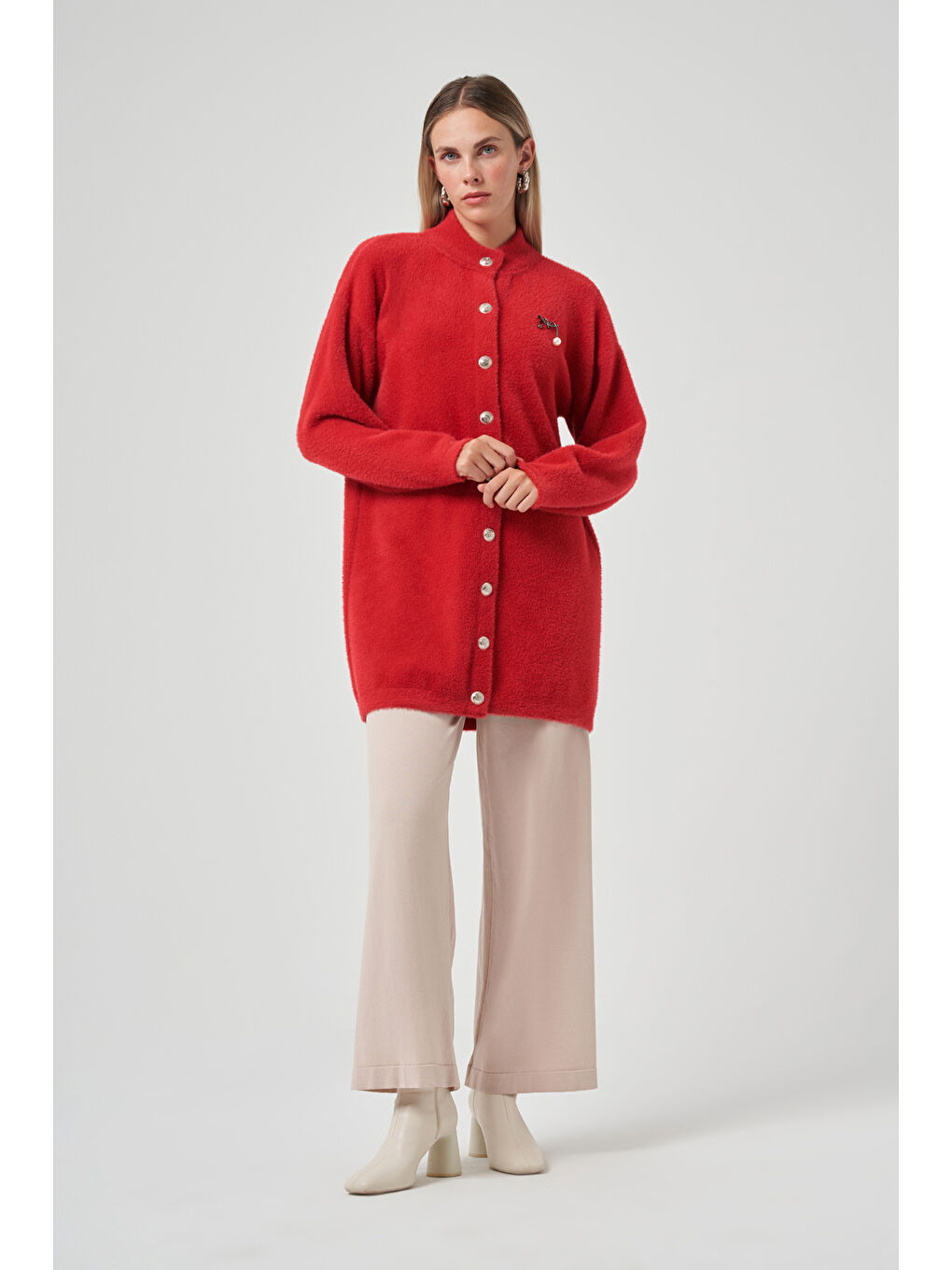 Düğme Detay Angora Hırka 7005 Kırmızı-4