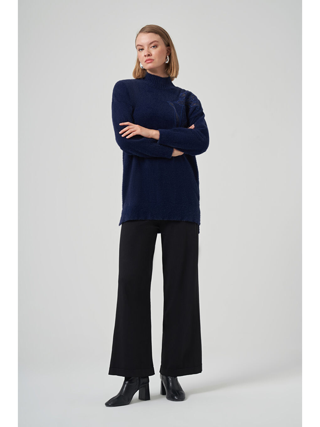 Nakış Detay Angora Kazak 7004 Lacivert-3