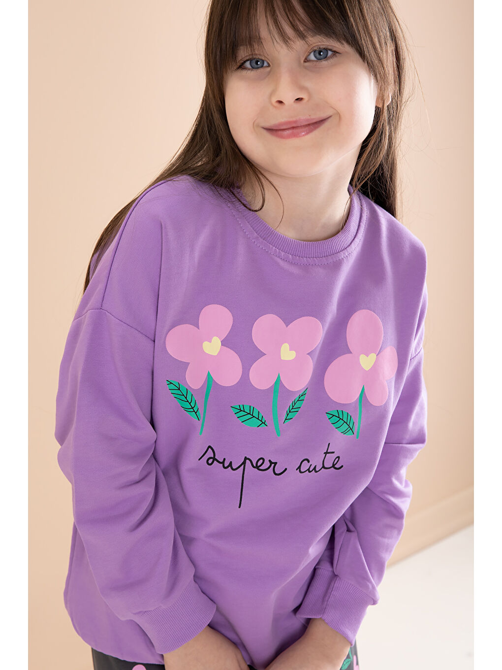 Lila Çiçek Baskılı Bisiklet Yaka Kız Çocuk Eşofman Takımı 20145-1