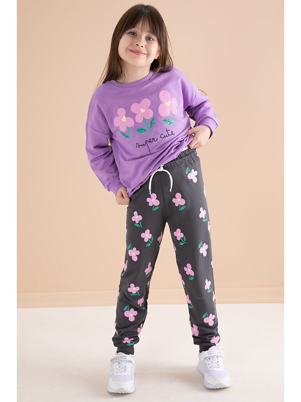 Lila Çiçek Baskılı Bisiklet Yaka Kız Çocuk Eşofman Takımı 20145-2