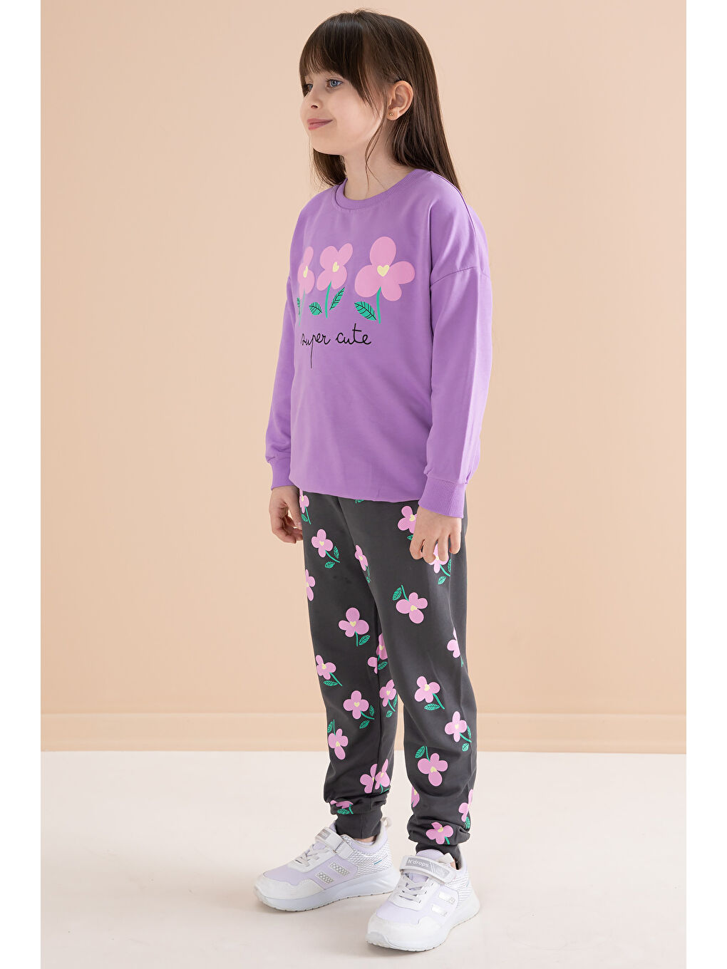 Lila Çiçek Baskılı Bisiklet Yaka Kız Çocuk Eşofman Takımı 20145-3