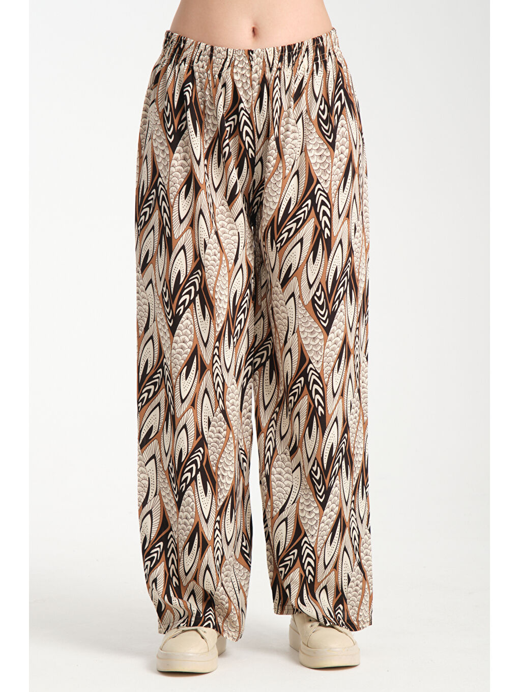 Kahverengi Kadın Desenli Dökümlü Viskon Pantolon 1068