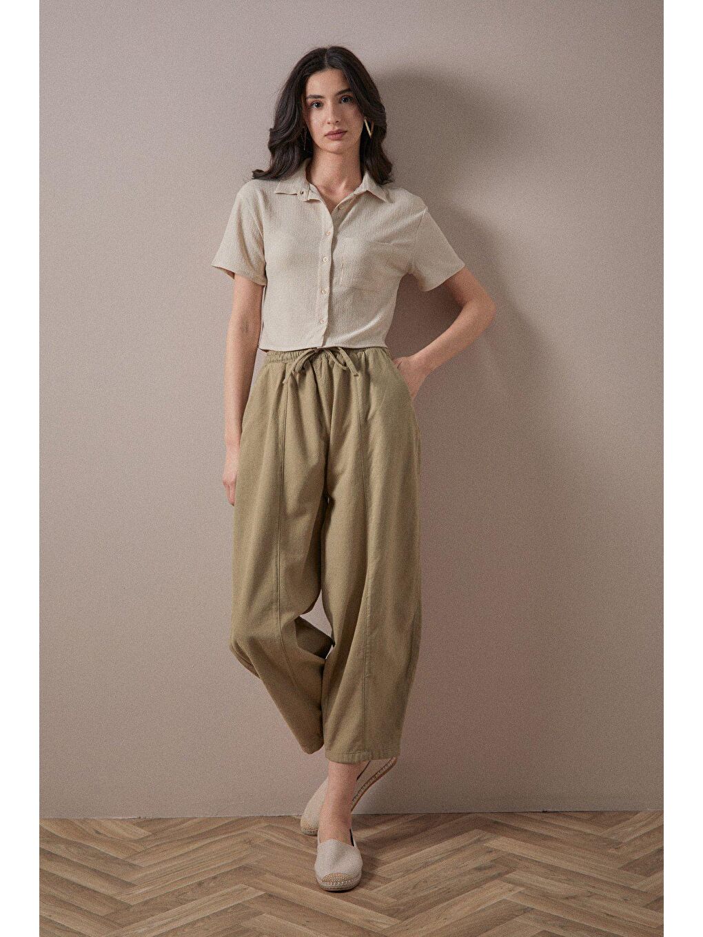 Haki Beli Lastikli Yüksek Bel Keten Şalvar Pantolon