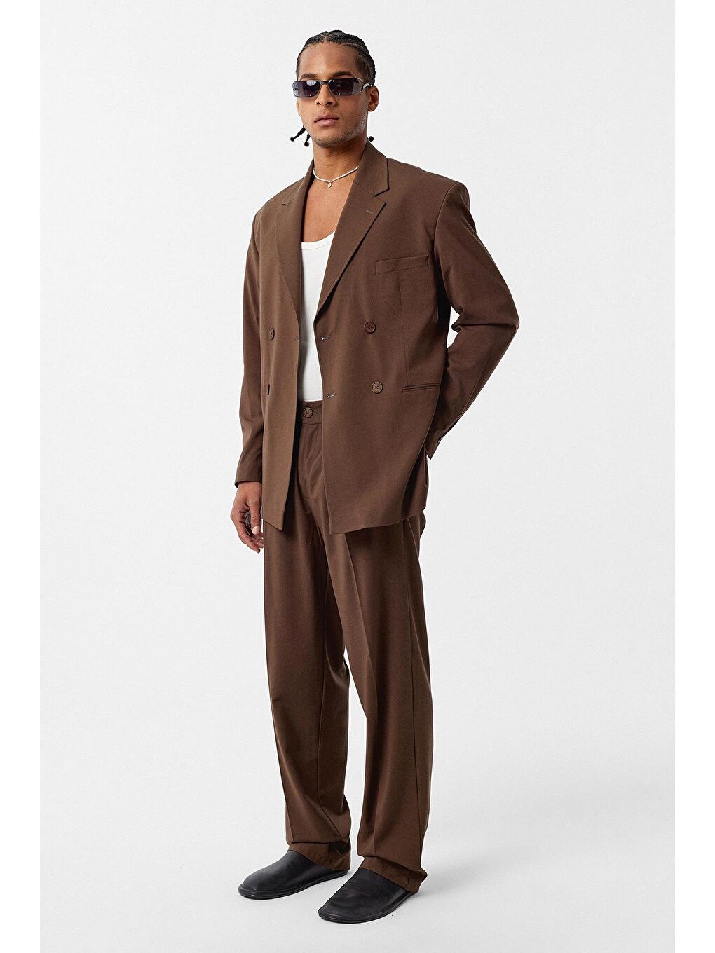 Kahverengi Rahat Kalıp Kruvaze Takım Elbise Açık Kahve-2