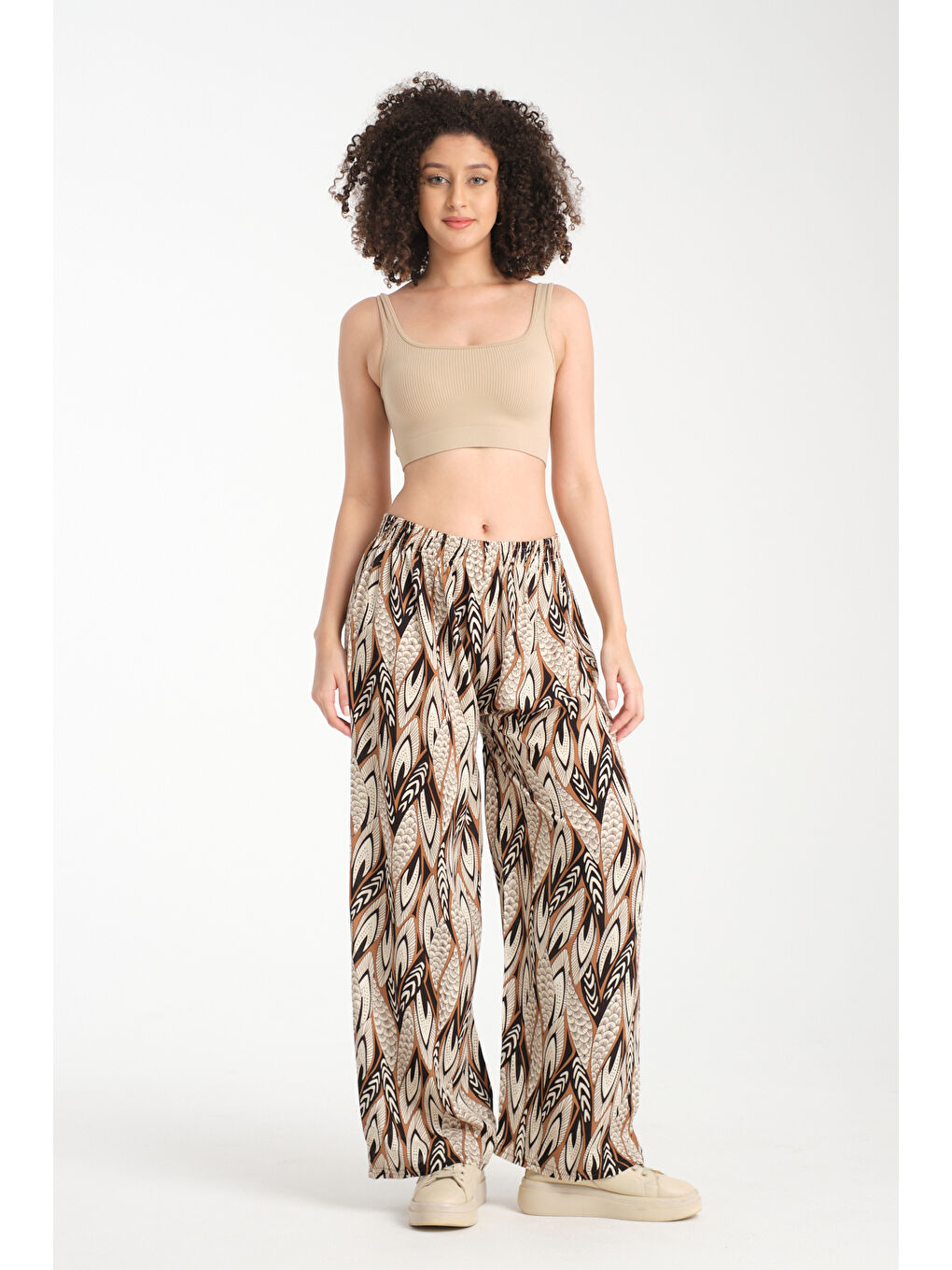 Kahverengi Kadın Desenli Dökümlü Viskon Pantolon 1068-4