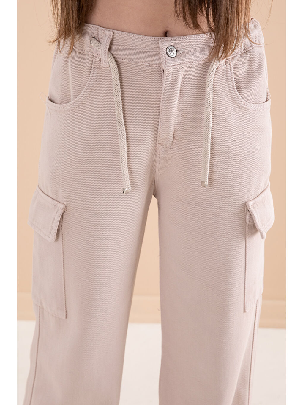 Cansın Mini Ekru Krem Geniş Paça Beli Bağcıklı Kız Çocuk Kargo Cepli Jean Pantolon 20133 - 1