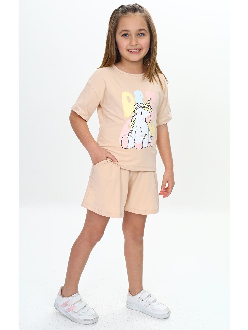 Bej Kız Çocuk Ponny Baskılı Şortlu Takım-1