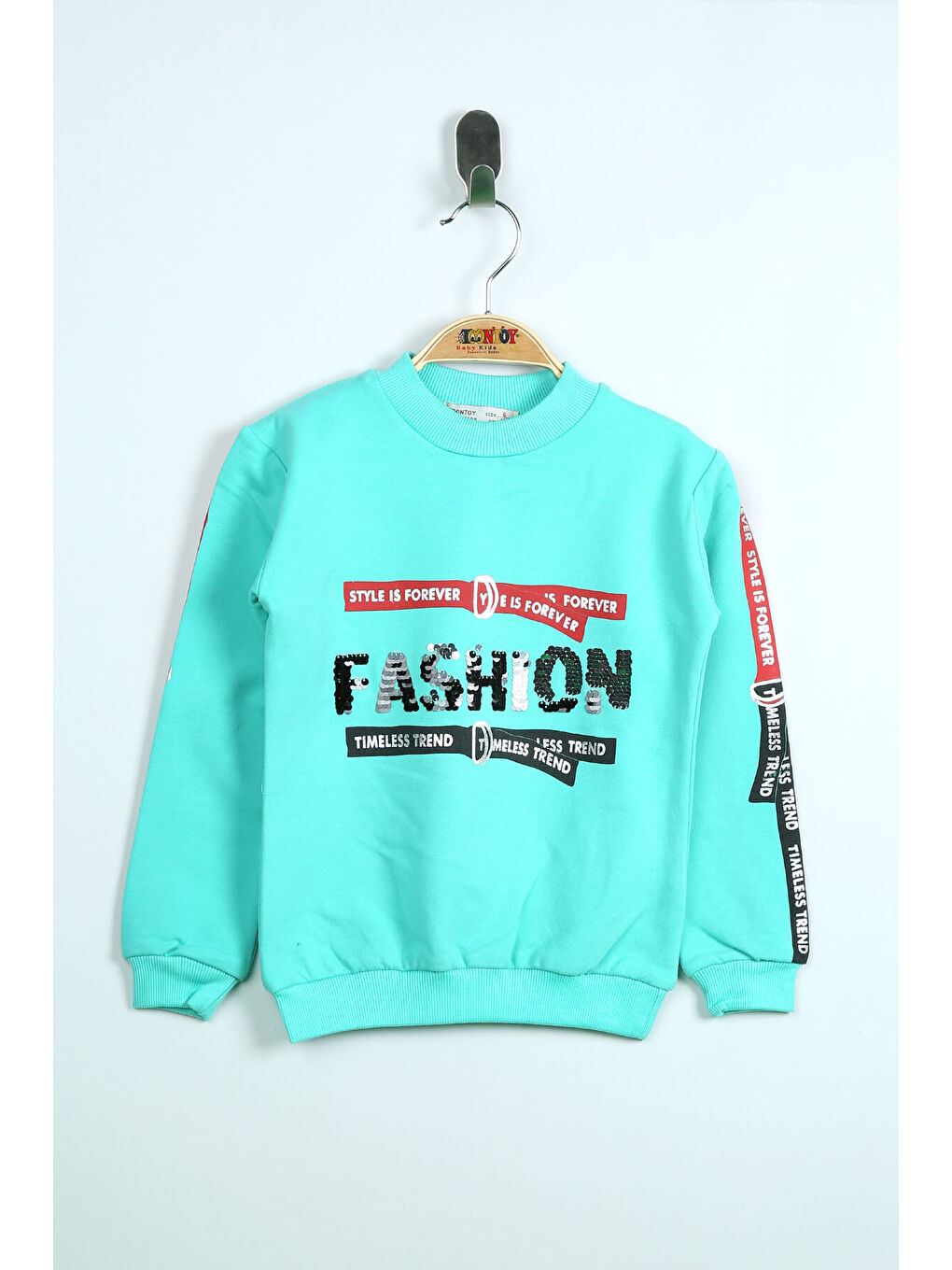 Toontoykids Mint Yeşil Kız Çocuk Sweatshirt Kollari Şeritli Pullu Fashion Nakış