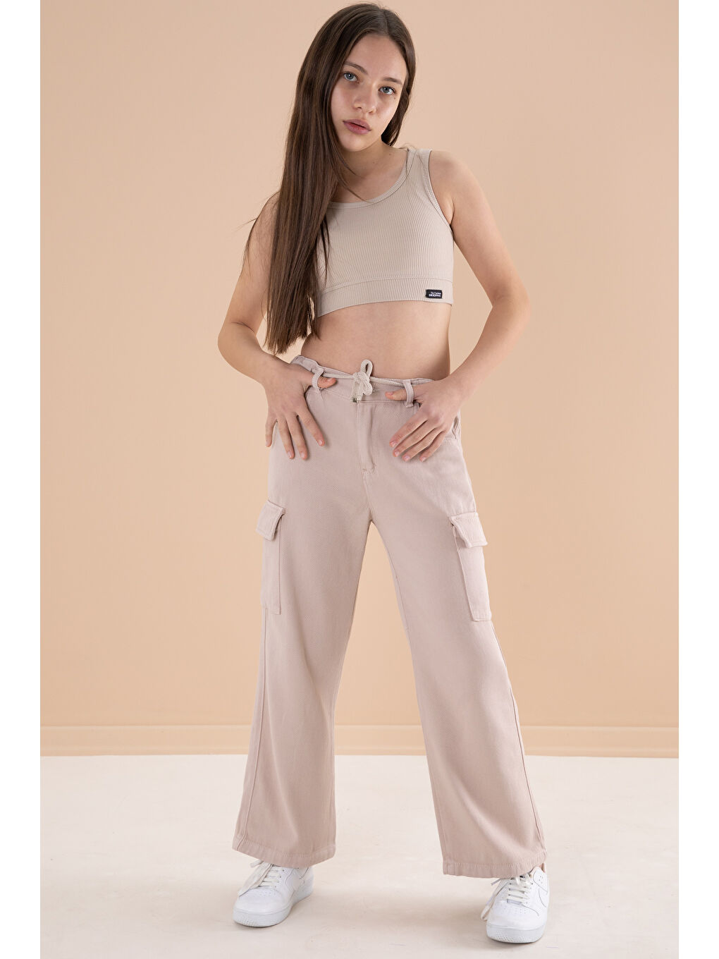 Cansın Mini Ekru Krem Geniş Paça Beli Bağcıklı Kız Çocuk Kargo Cepli Jean Pantolon 20133 - 4