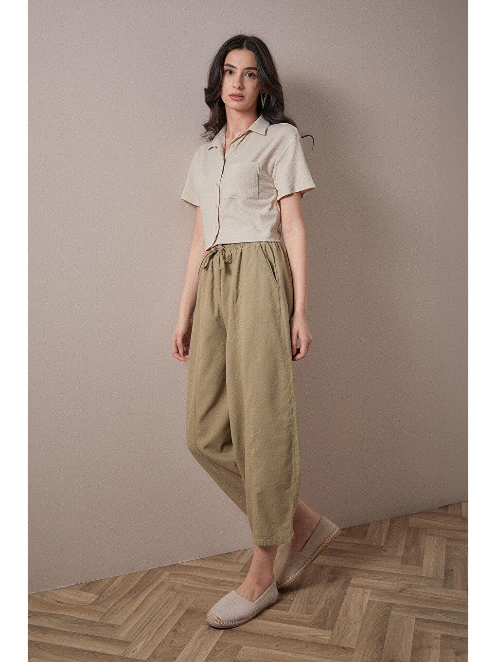 Haki Beli Lastikli Yüksek Bel Keten Şalvar Pantolon-1