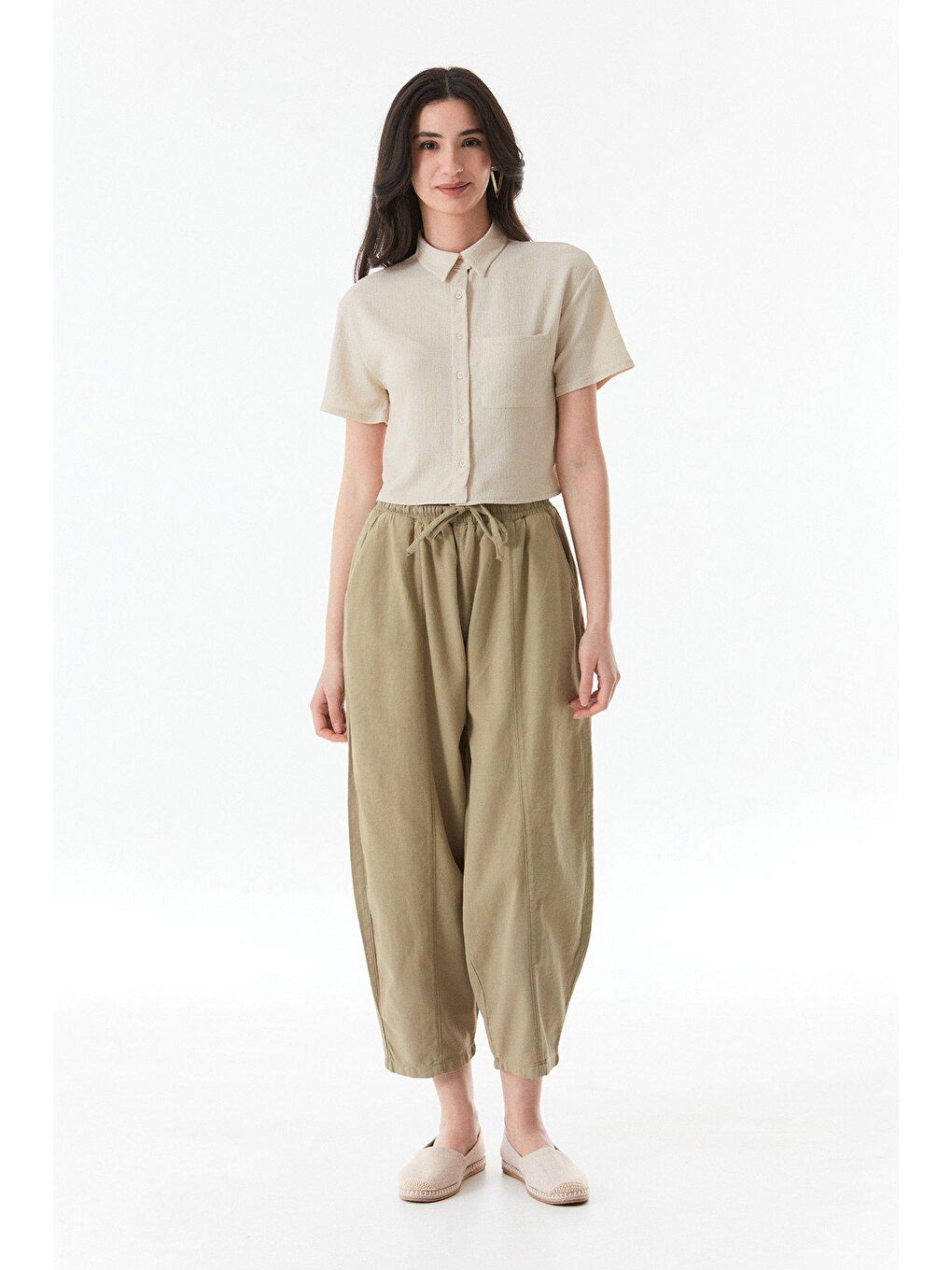Haki Beli Lastikli Yüksek Bel Keten Şalvar Pantolon-2